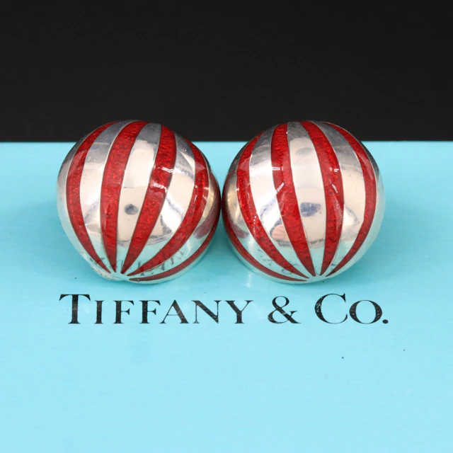 Tiffany & Co. Sterling and Red Enamel Dome Clip Earrings