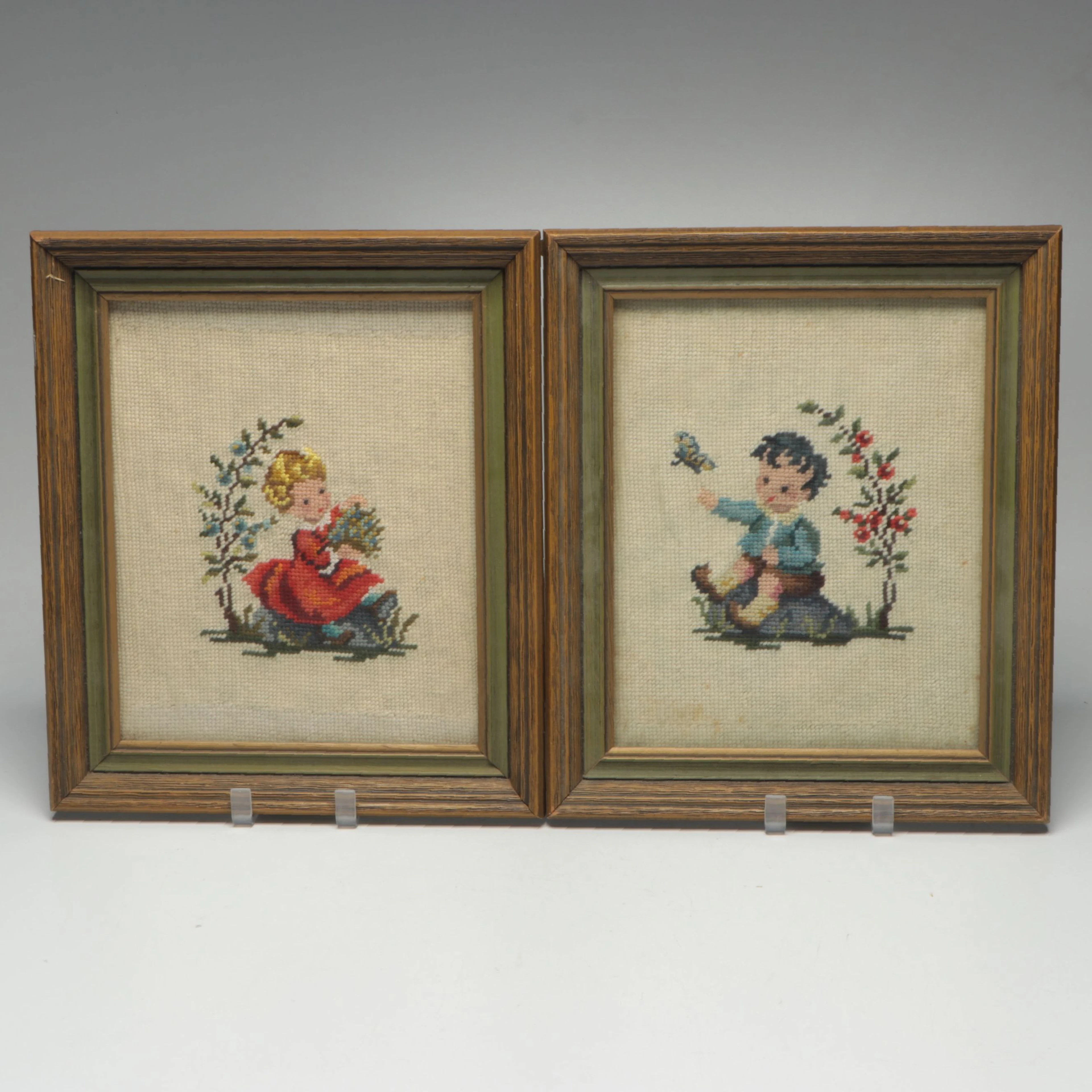 Pair of Vintage Framed Needlepoint Depicting Boy and Girl