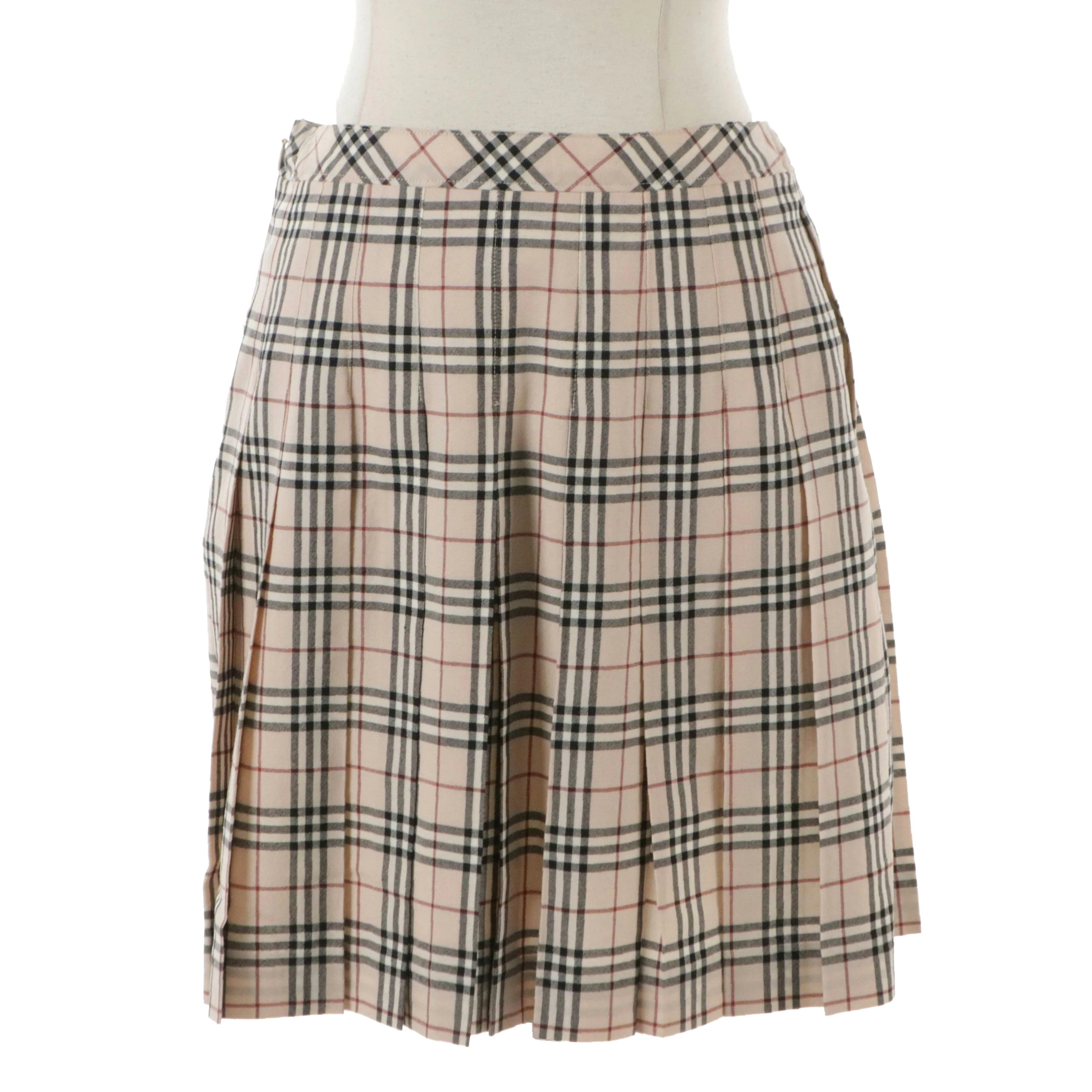 Burberry House Check Pleated Cotton Miniskirt with Buckle Details