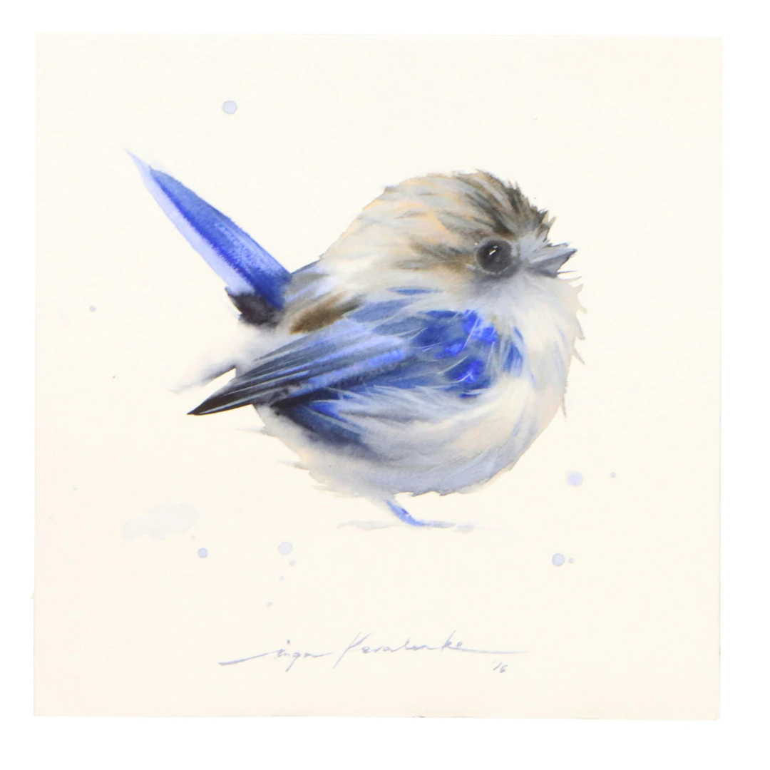 Inga Kovalenko Watercolor Painting of Fluffy Blue Bird, 2026