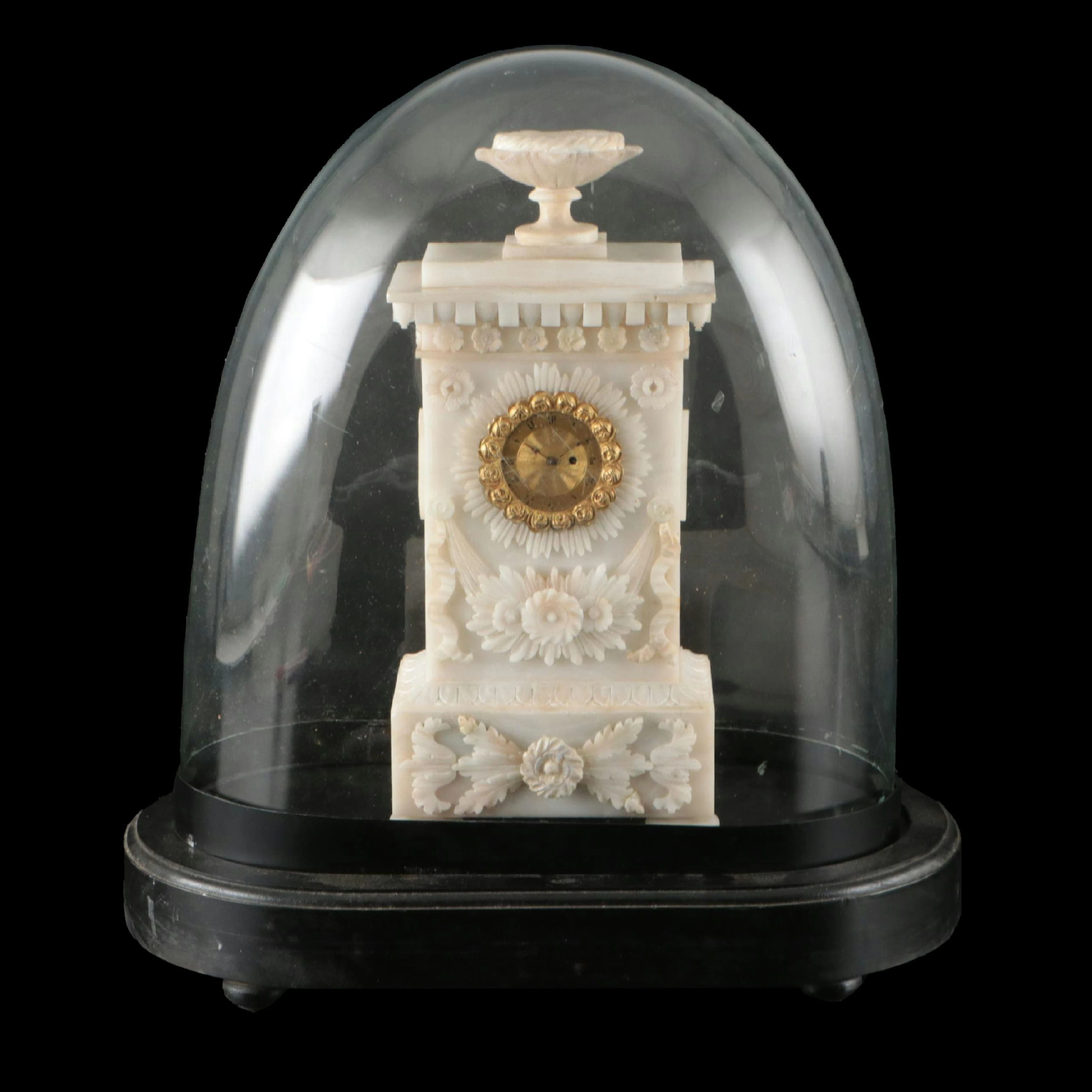 French Restoration Period Alabaster Portico Mantel Clock with Glass Cloche