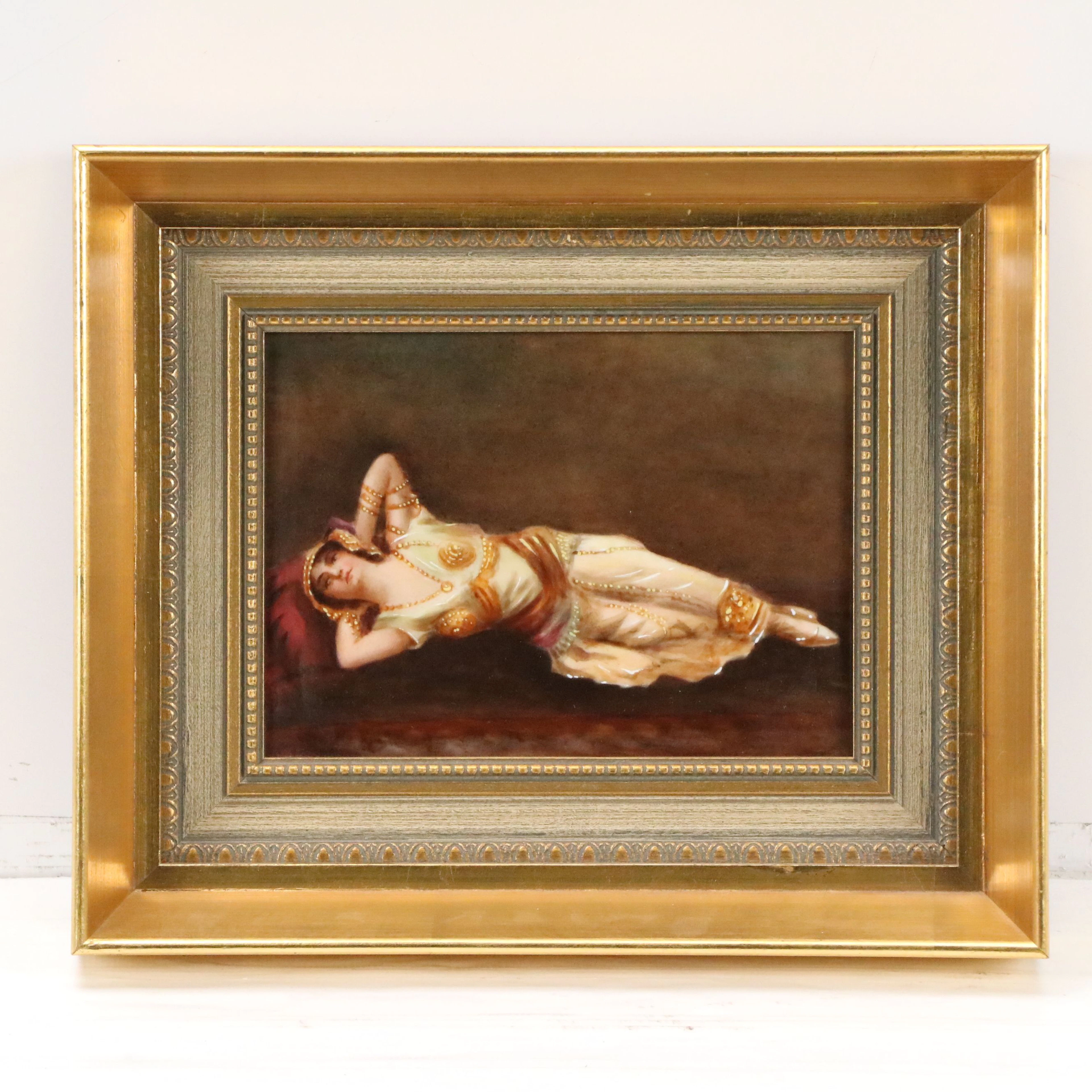 Orientalist Style Porcelain Plaque of Reclining Odalisque, Late 19th to 20th C.