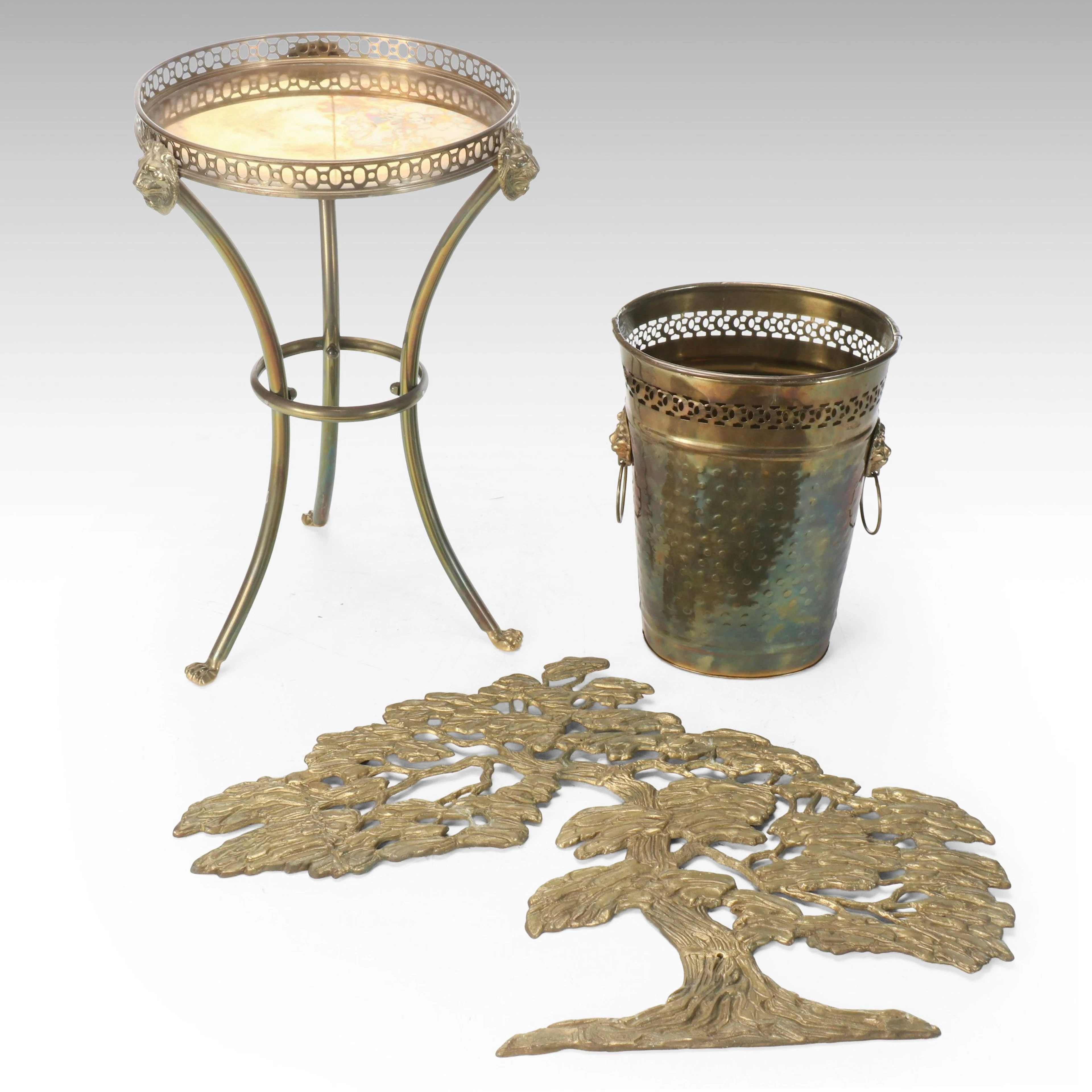 Neoclassical Brass Accent Table with Lion-Mask Bucket and Wall Relief