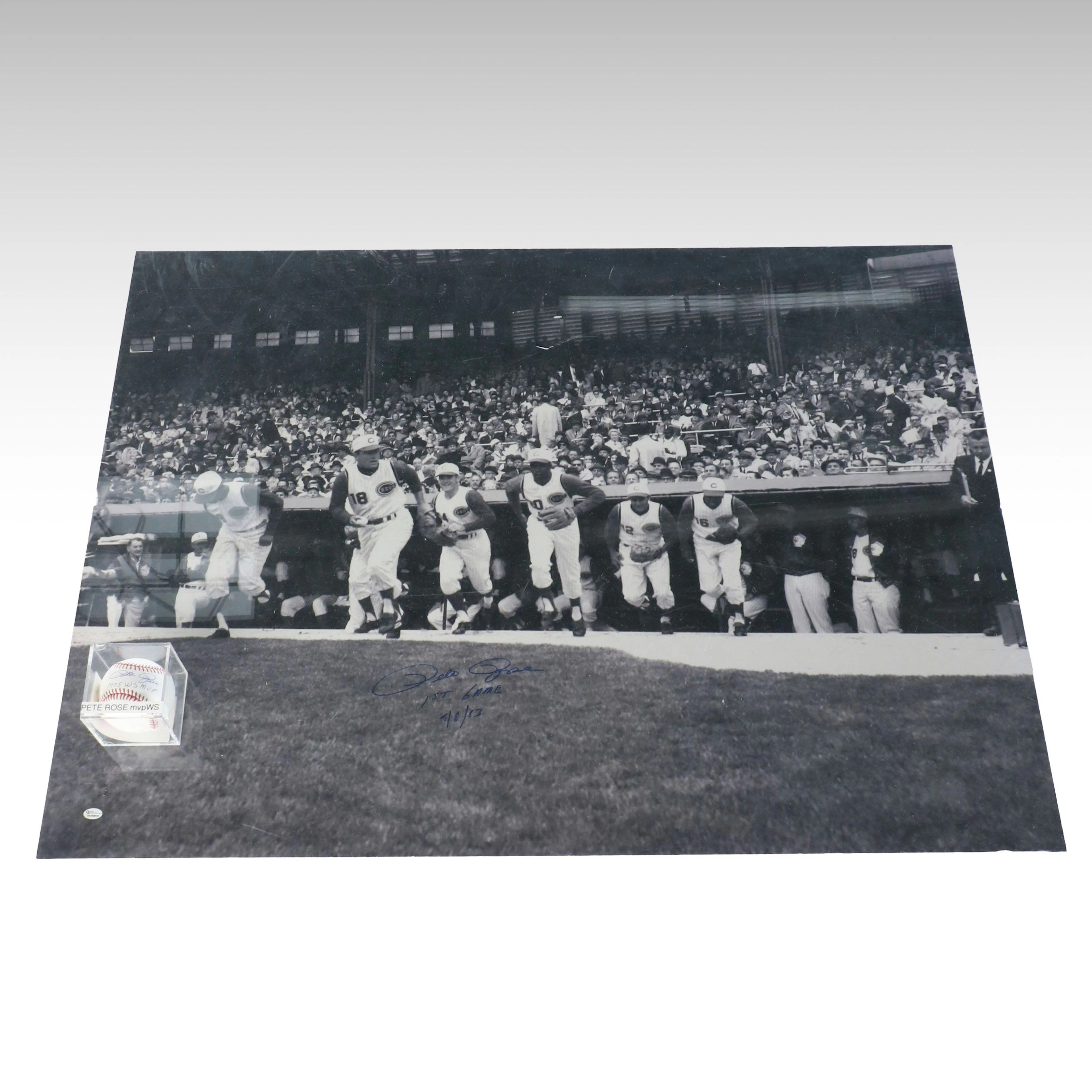 Pete Rose Signed Cincinnati Reds First Game Baseball Print with Signed Baseball