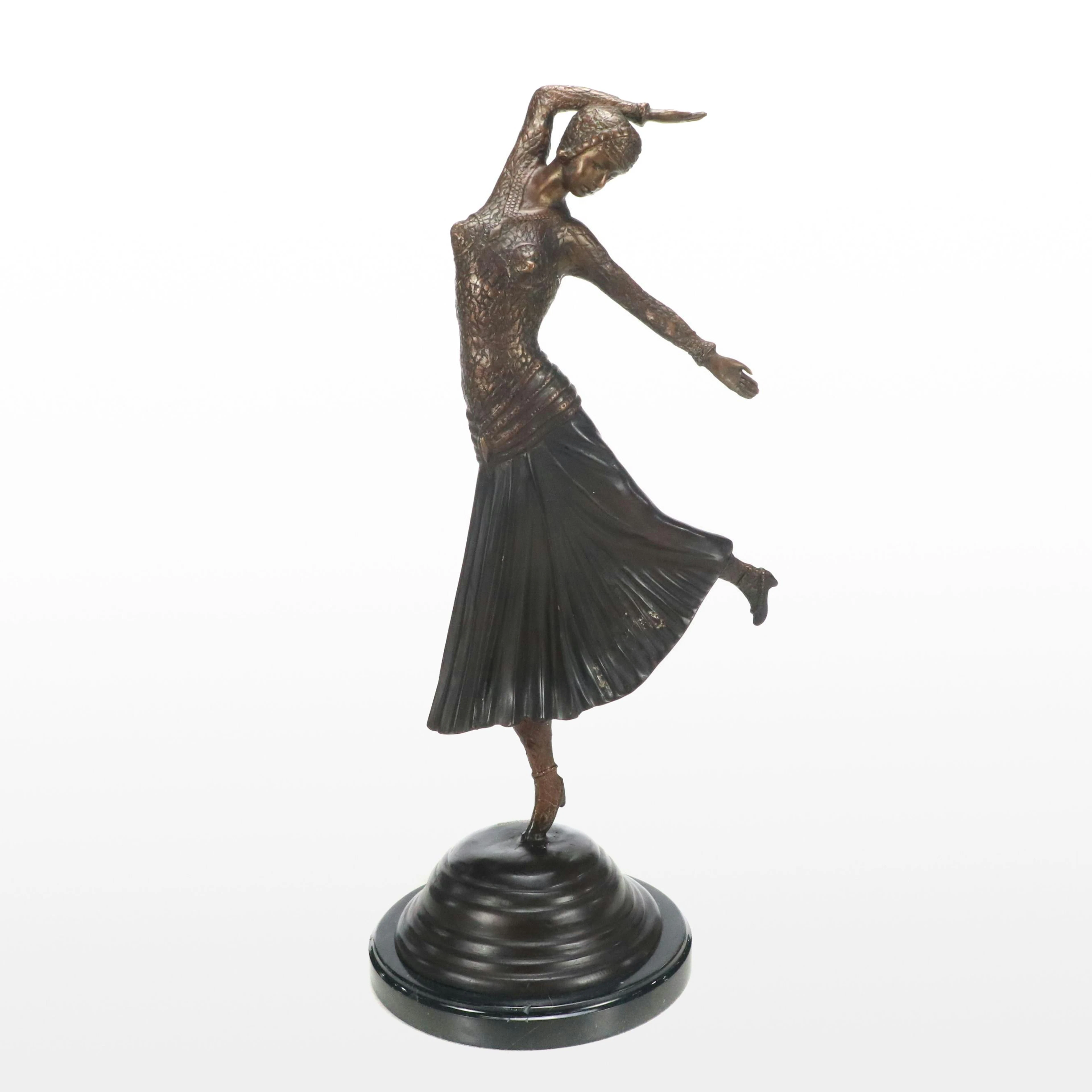 After Demétre Chiparus Art Deco Dancing Woman Patinated Brass Sculpture