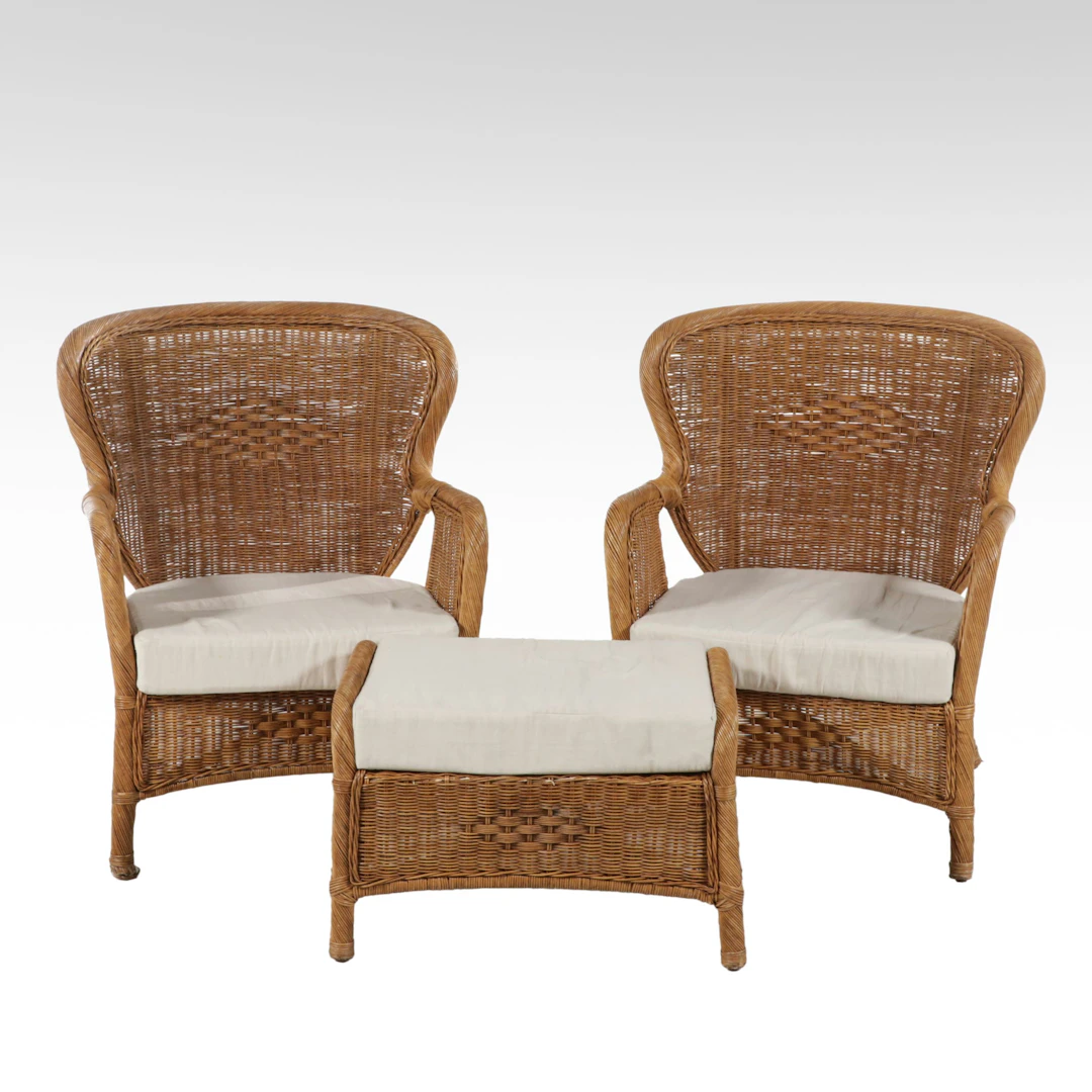 Pair of Wicker Rattan Armchairs with Ottoman