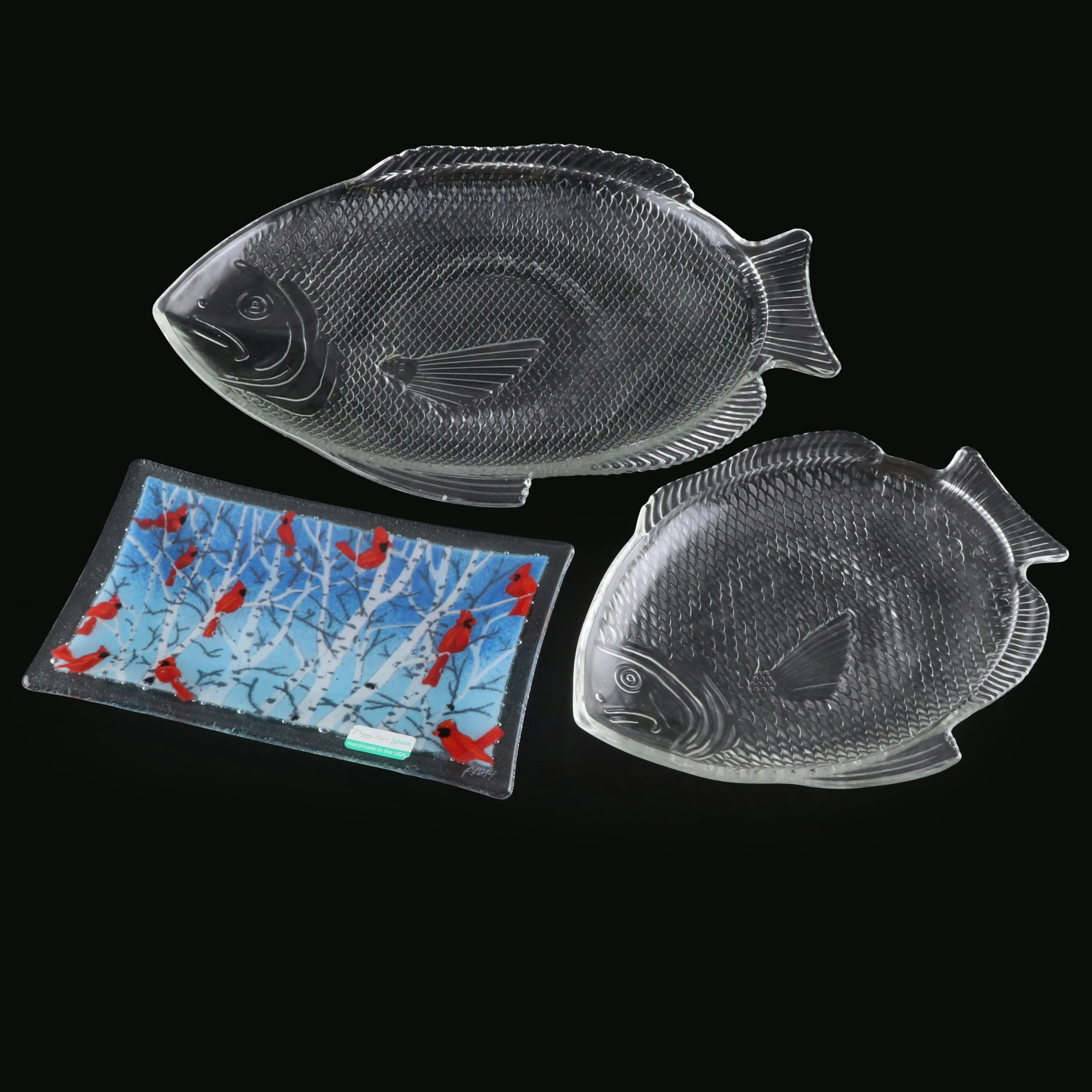 Peggy Karr Glass "Winter Cardinals" Glass Tray with Fish-Shaped Serving