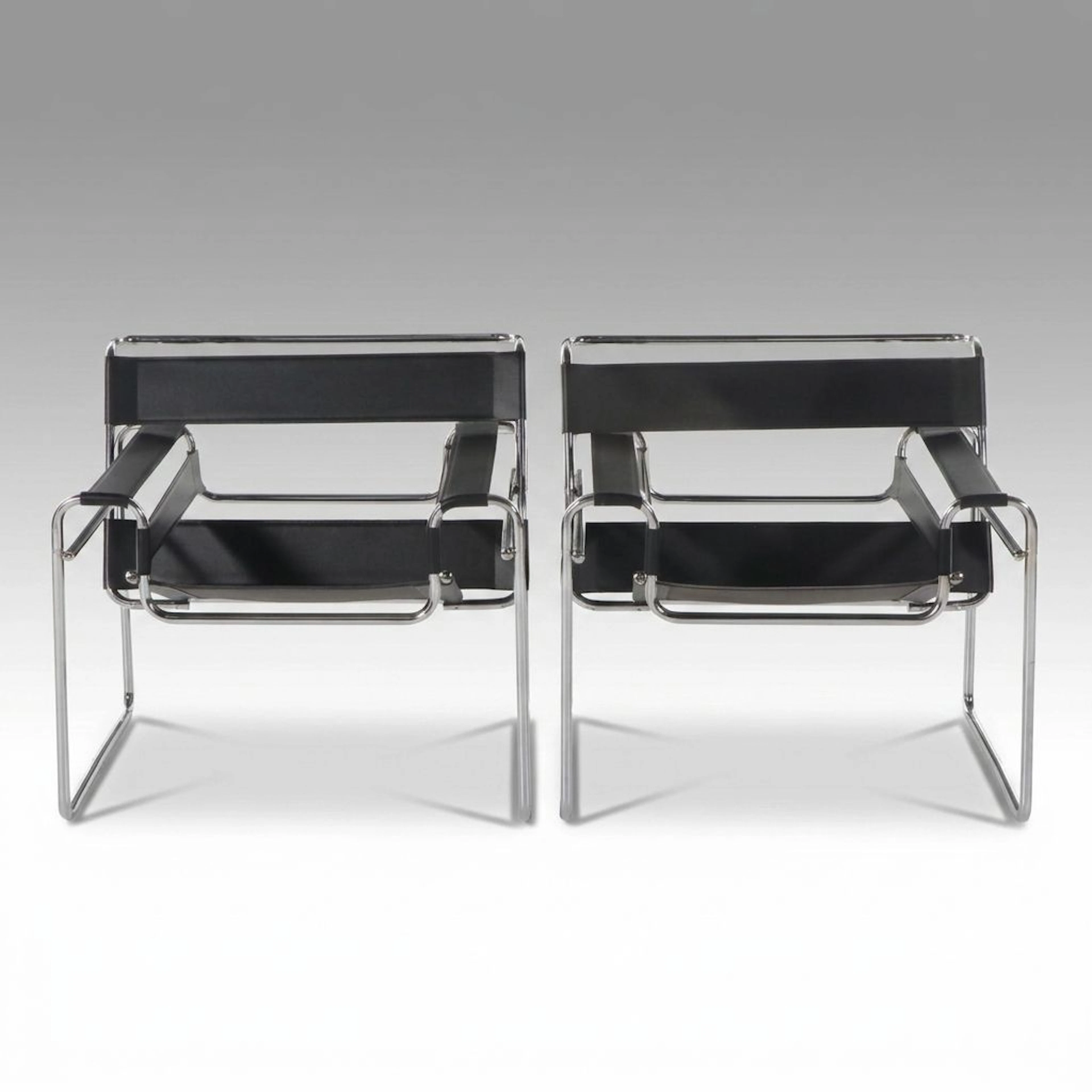 Pair of Wassily Style Black Leather Armchairs After Marcel Breuer