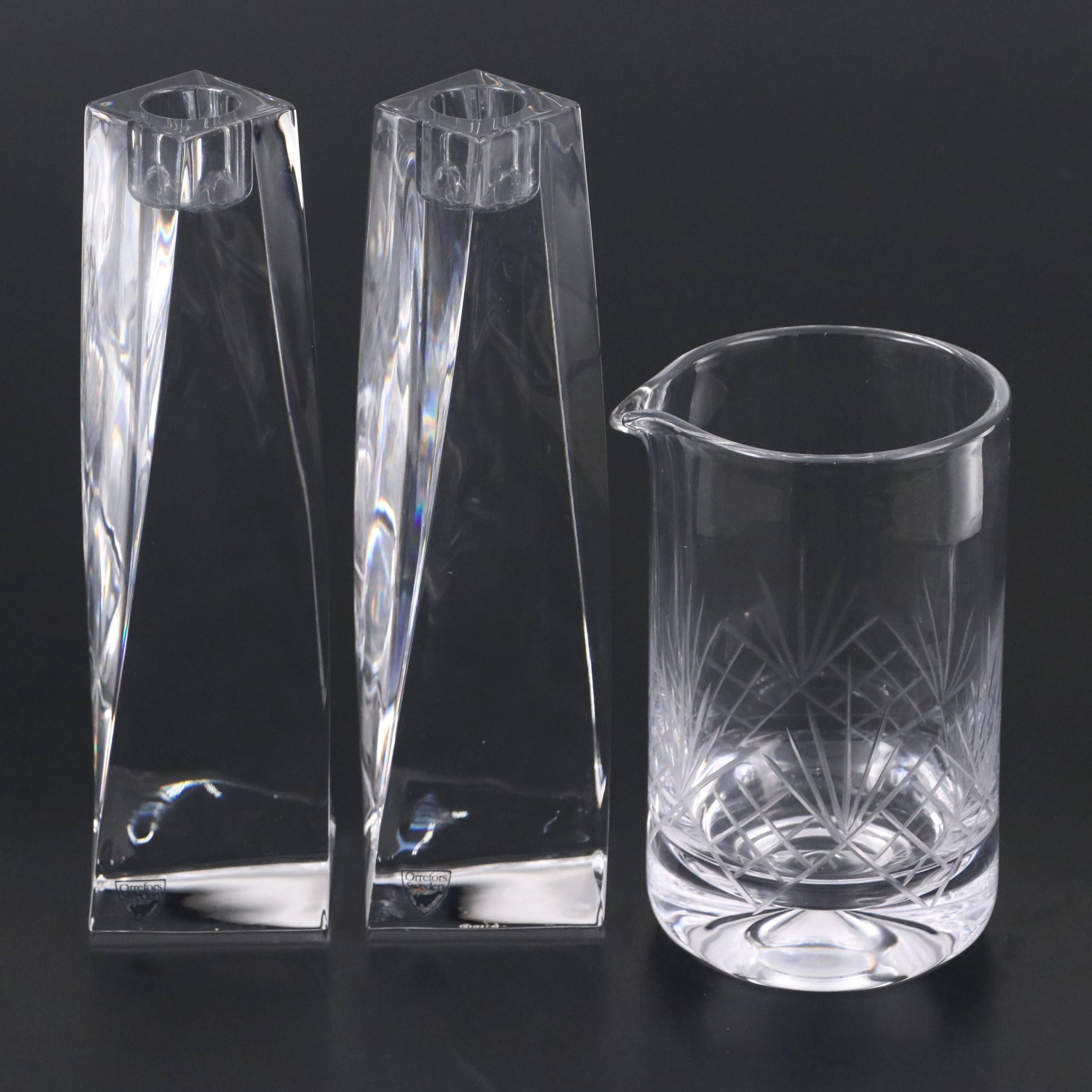 Orrefors "Tornado" Crystal Candlesticks with Other Cocktail Mixing Glass