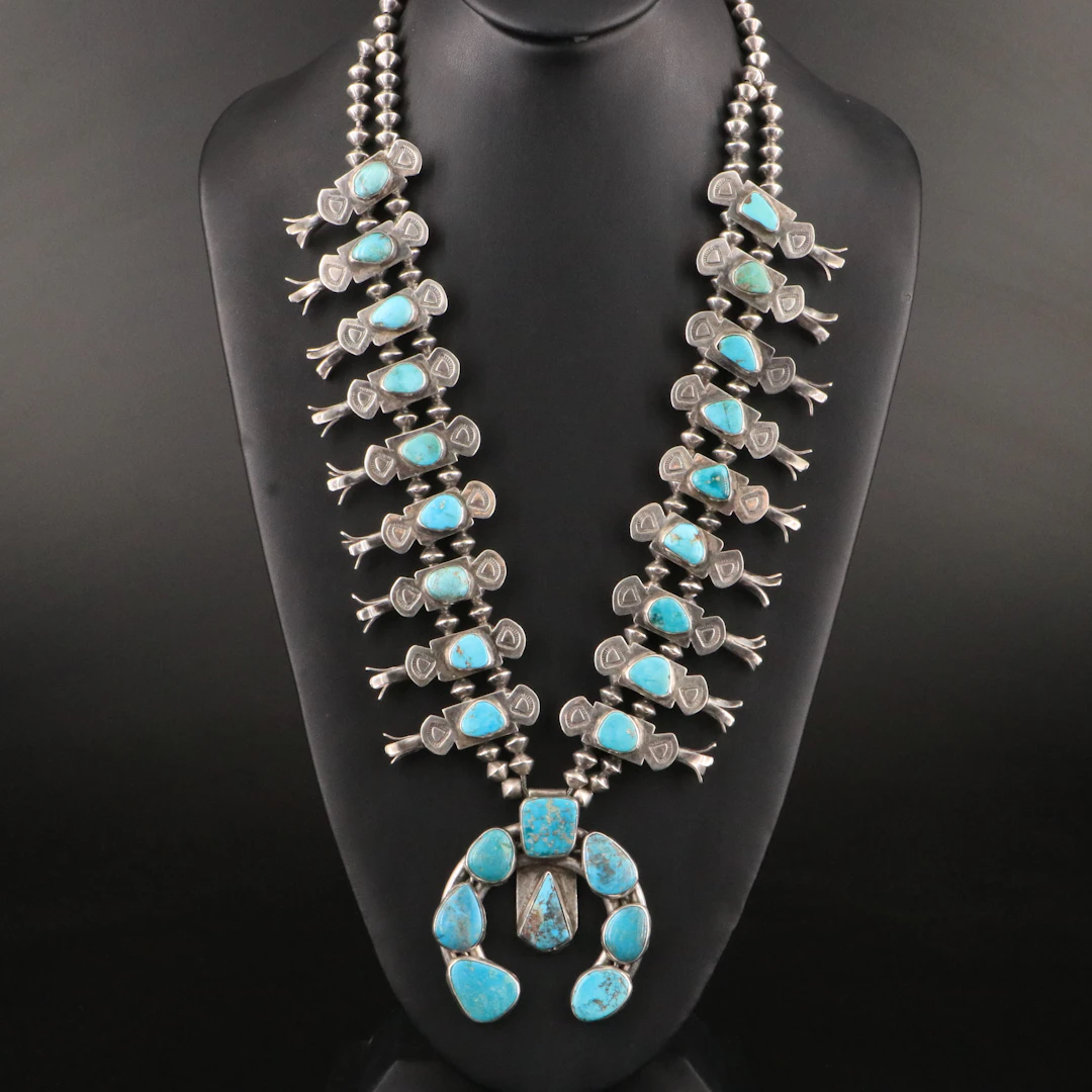 Southwestern Sterling Bench Bead & Turquoise Squash Blossom Necklace