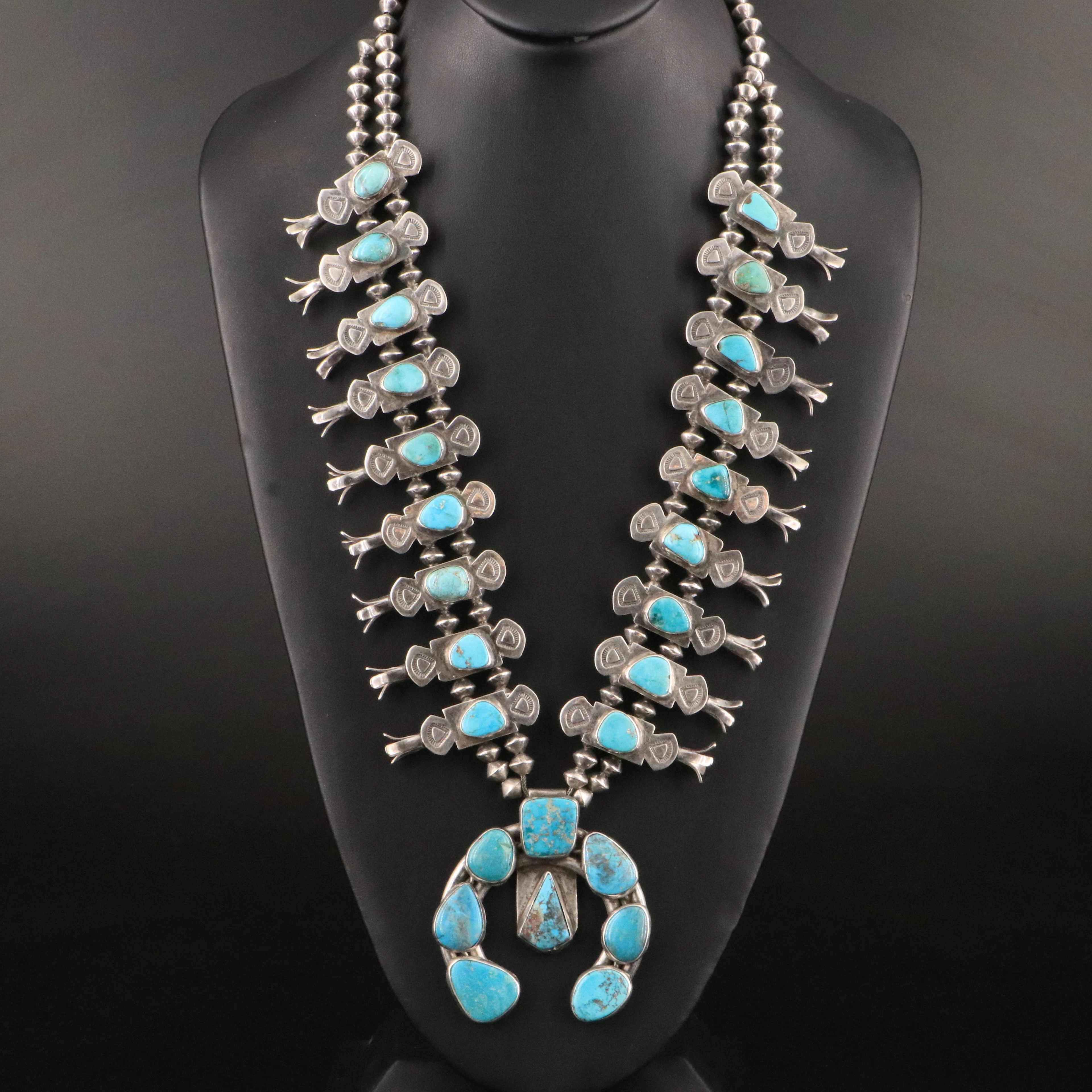 Southwestern Sterling Bench Bead & Turquoise Squash Blossom Necklace