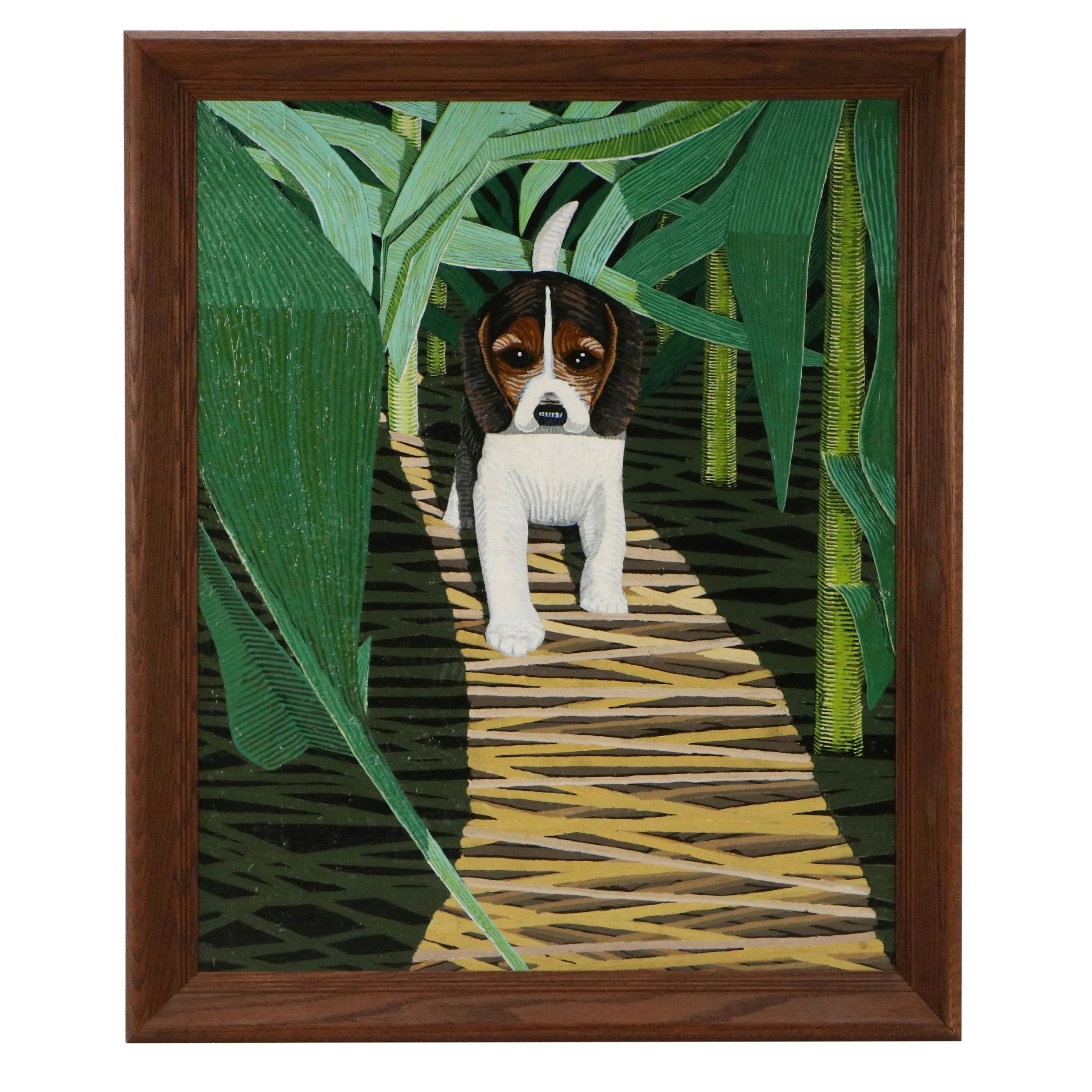 Acrylic Painting of Stylized Beagle in Green Foliage