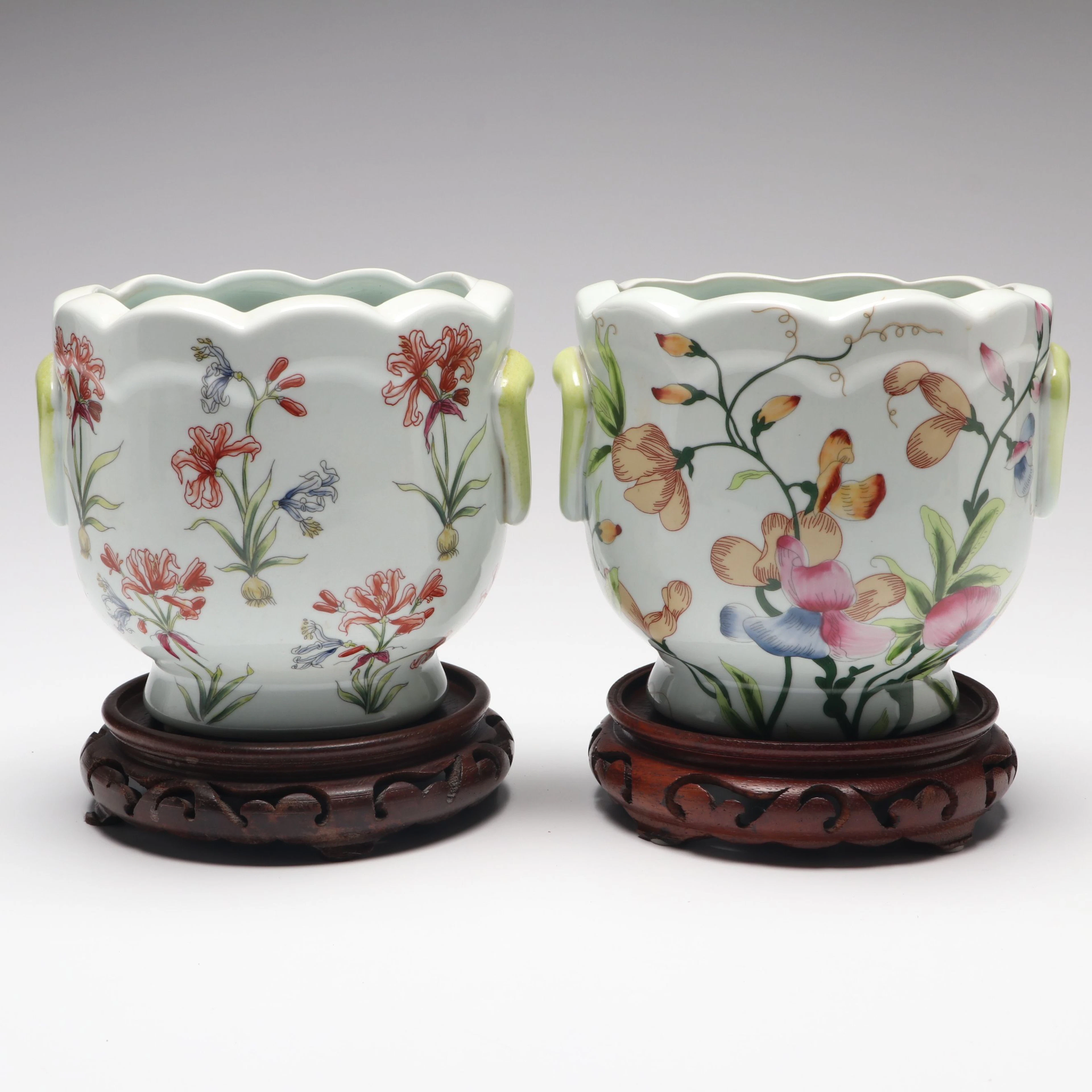Floral Hand-Painted Porcelain Scalloped Rimmed Cachepots on Wood Bases