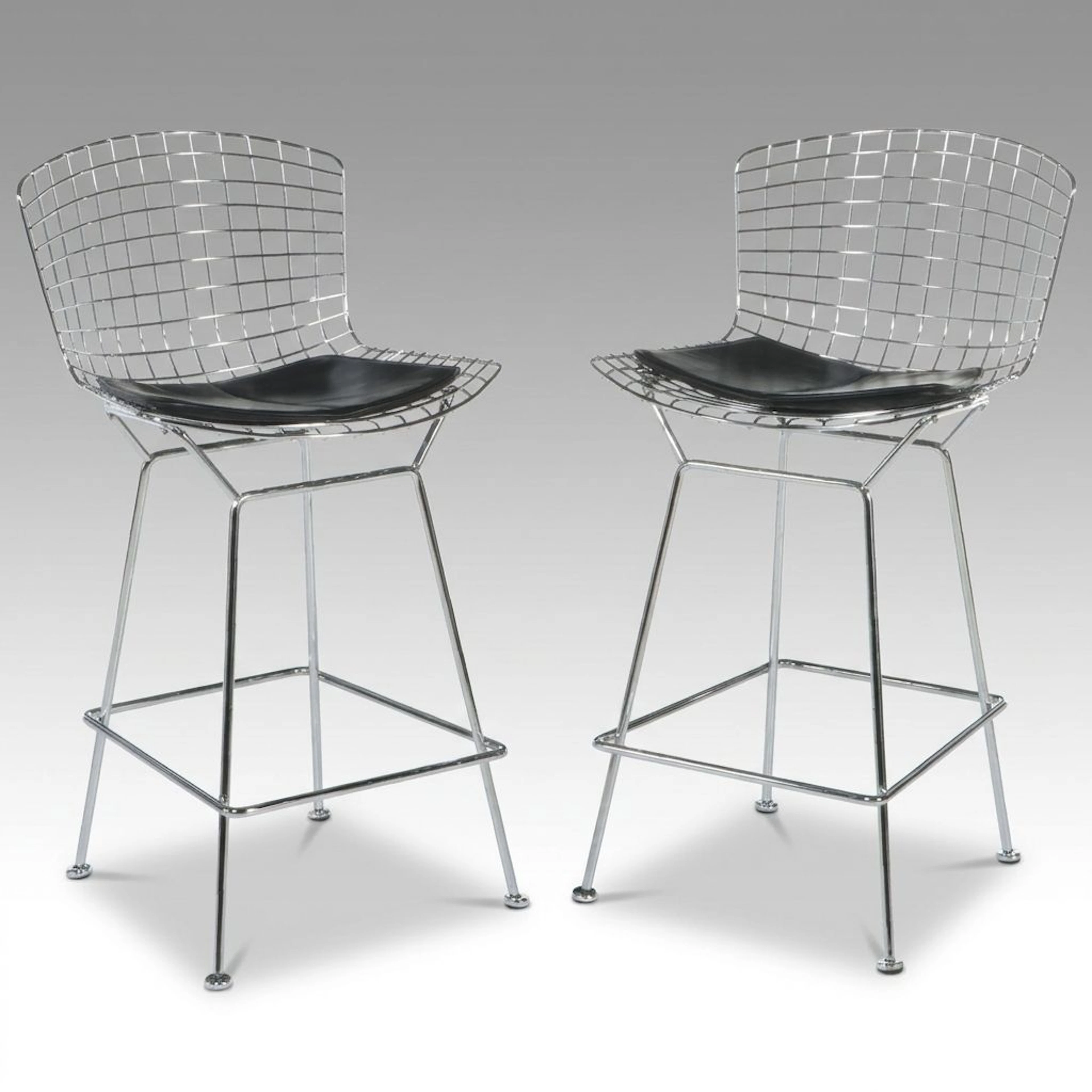 Pair of Harry Bertoia for Knoll Chrome Barstools with Black Seat Pads