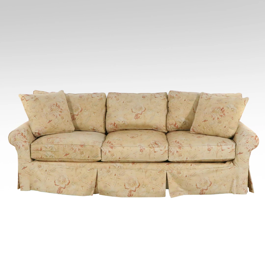 Floral Damask Upholstered Three-Cushion Skirted Sofa, 21st Century