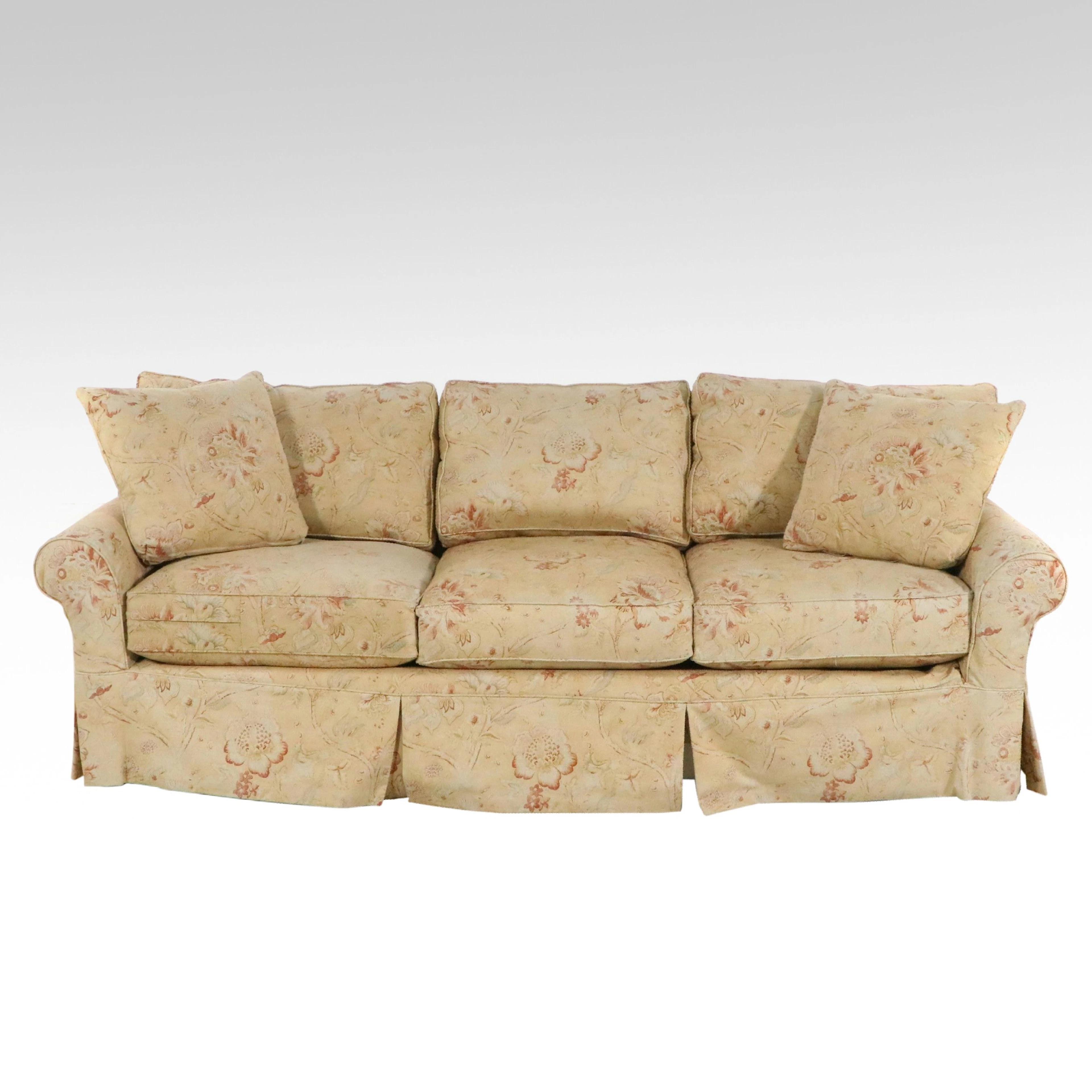 Floral Damask Upholstered Three-Cushion Skirted Sofa, 21st Century