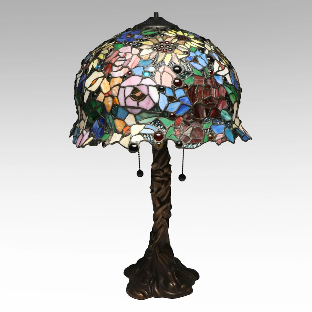 Art Nouveau Style Table Lamp with Floral Slag Glass and Jeweled Shade