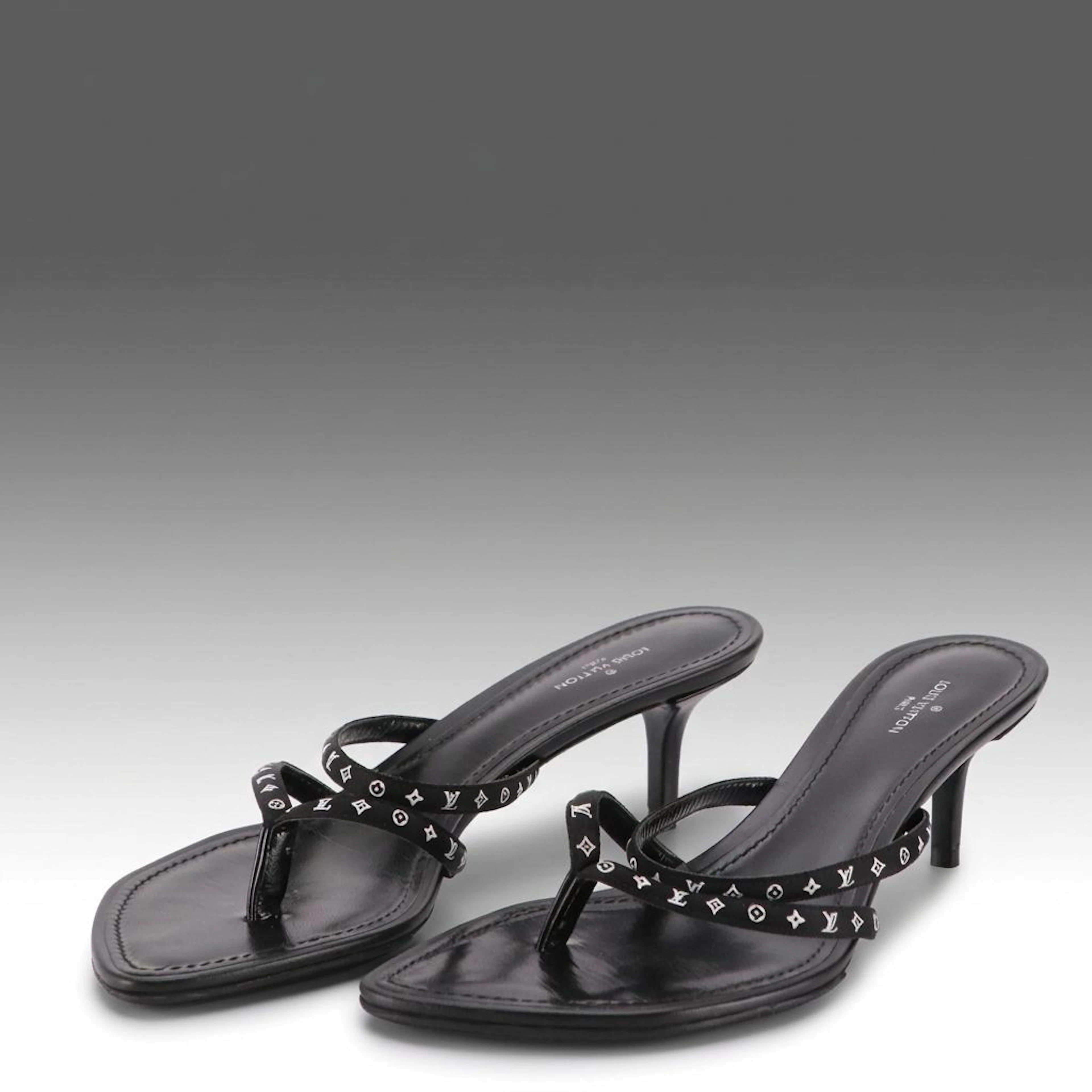 Louis Vuitton Citizen Satin Monogram Thong Strap Kitten Heels in Black Calfskin