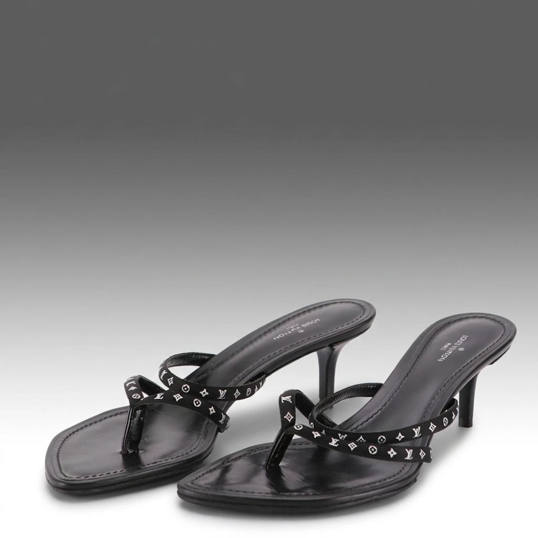 Louis Vuitton Citizen Satin Monogram Thong Strap Kitten Heels in Black Calfskin