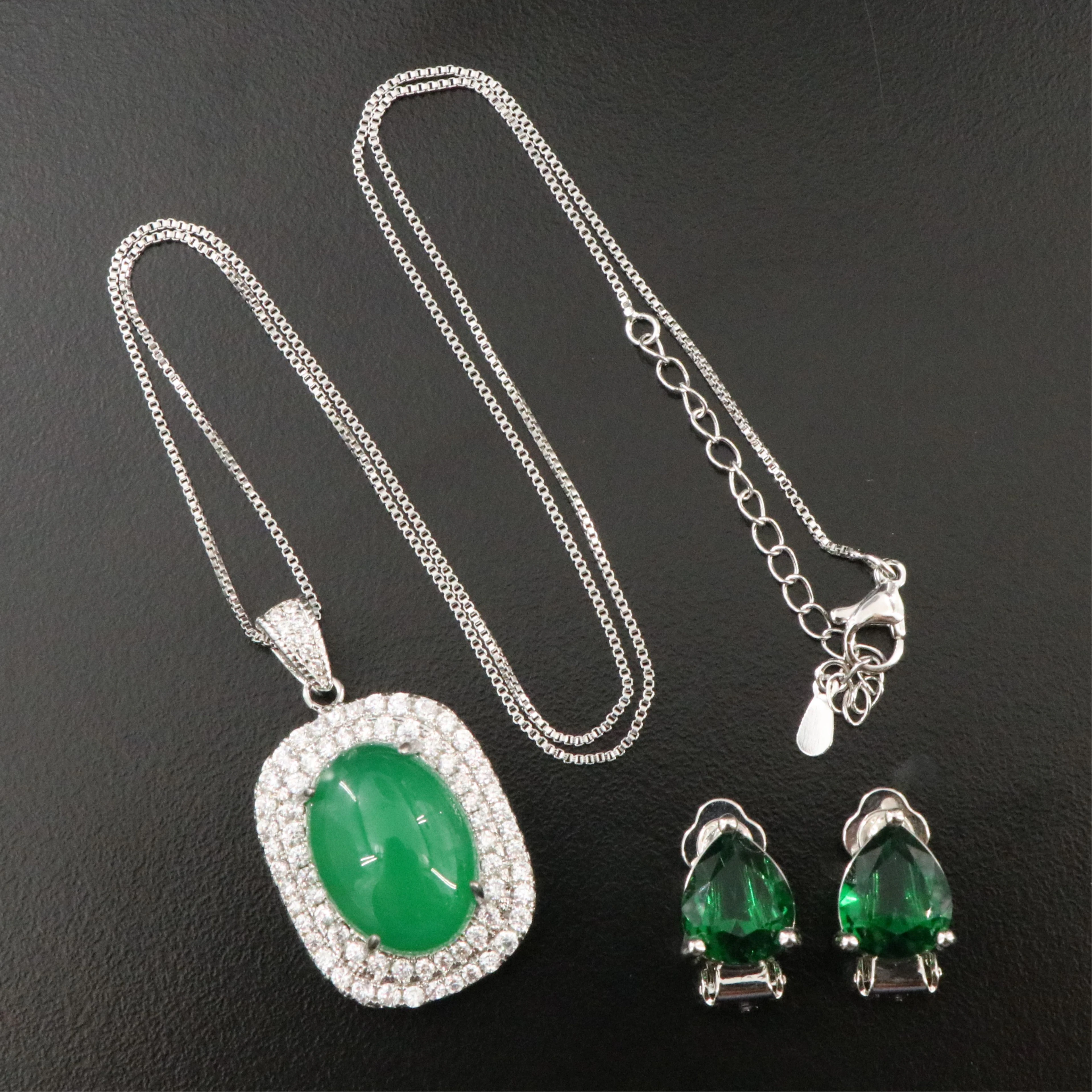 Green Onyx and CZ Necklace and Earrings