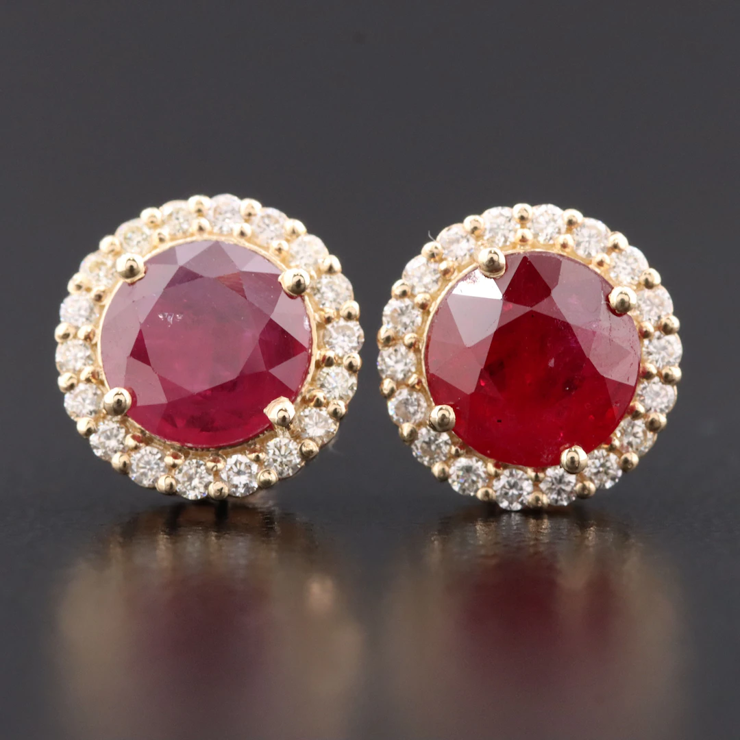 14K 2.19 CTW Mozambique Ruby and Diamond Halo Earrings with GIA Report