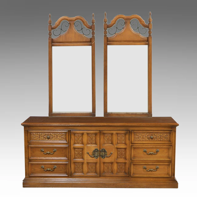 United Furniture Spanish Revival Style Carved Oak Triple Dresser with Mirrors