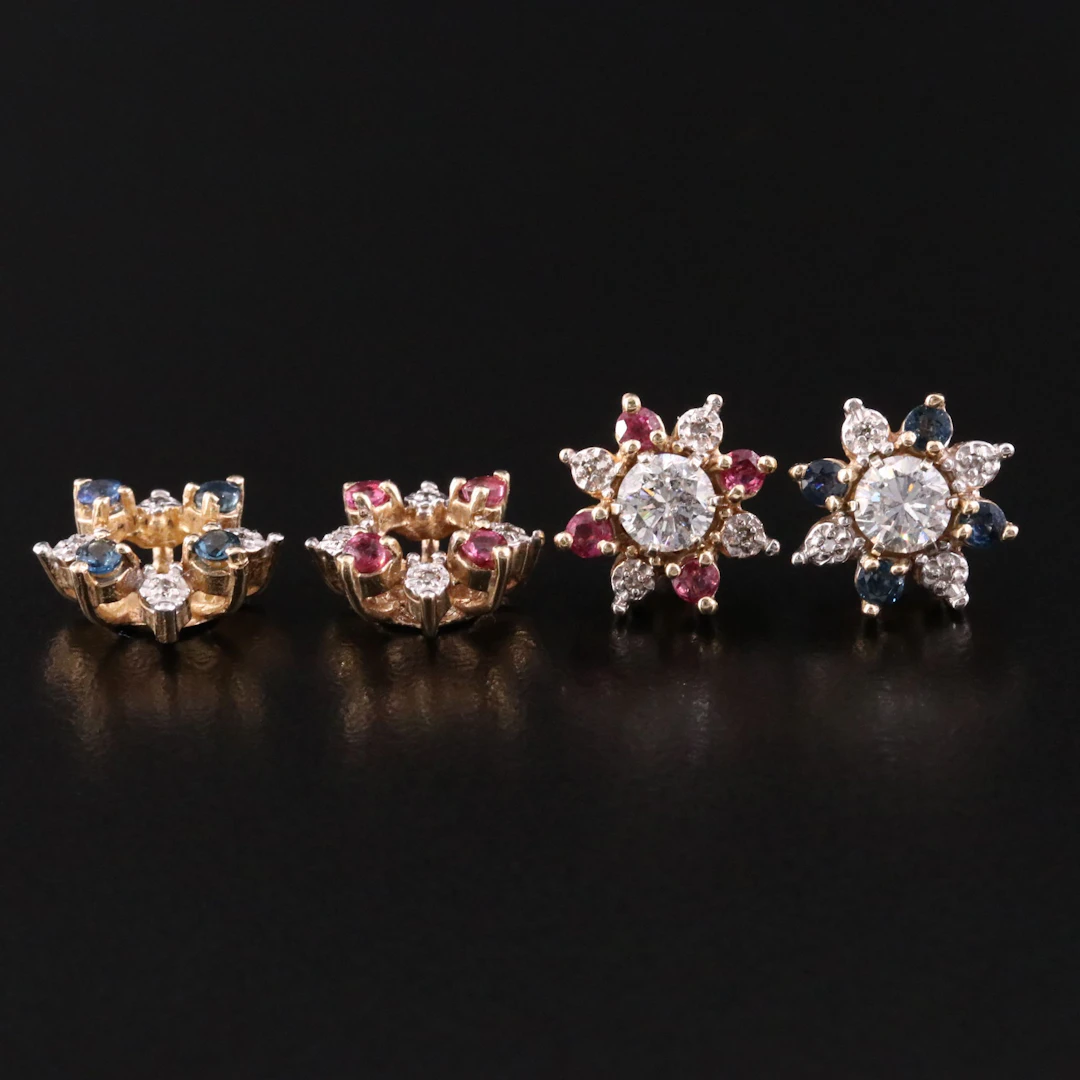 14K Solitaire Diamond Earrings with Ruby and Sapphire Jackets