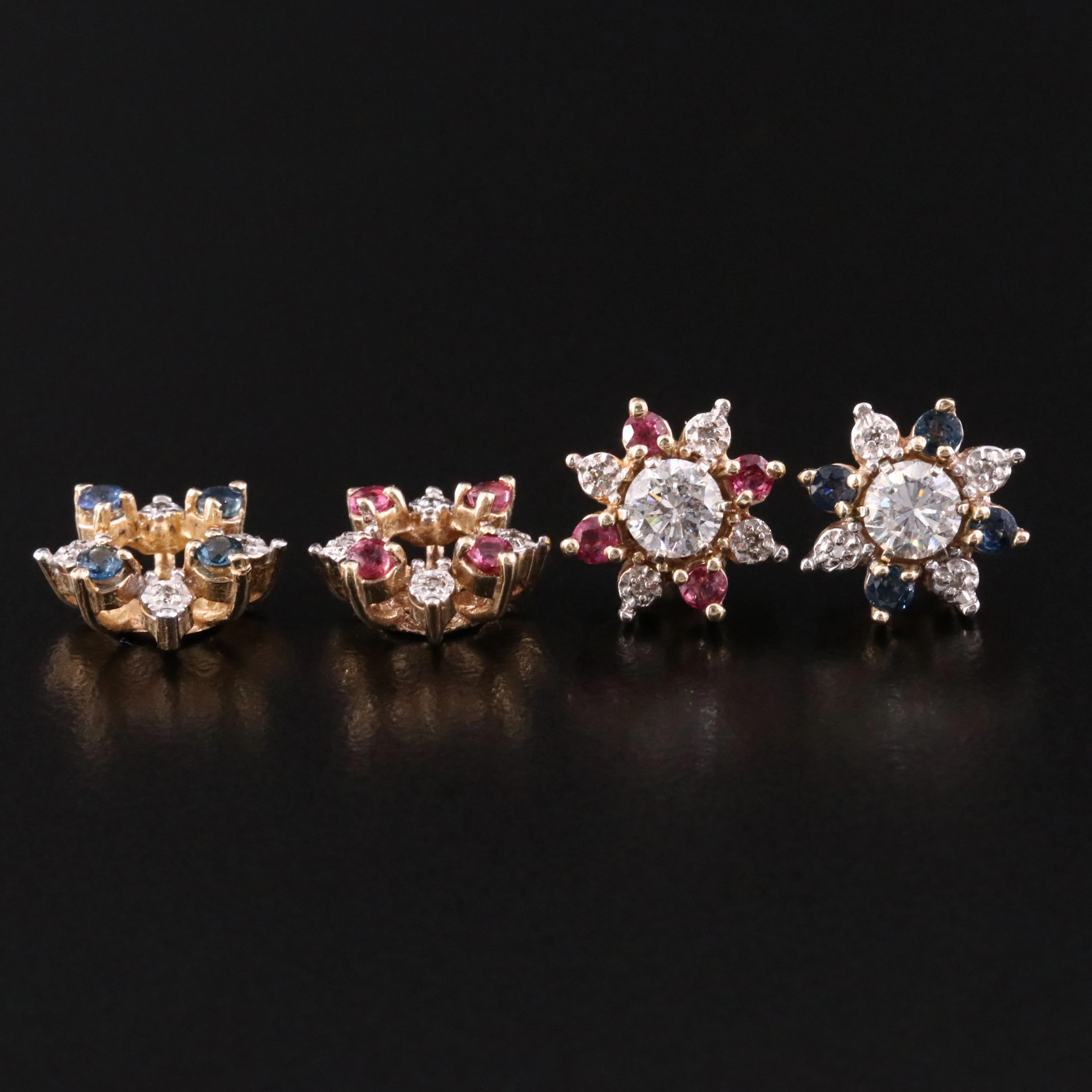 14K Solitaire Diamond Earrings with Ruby and Sapphire Jackets
