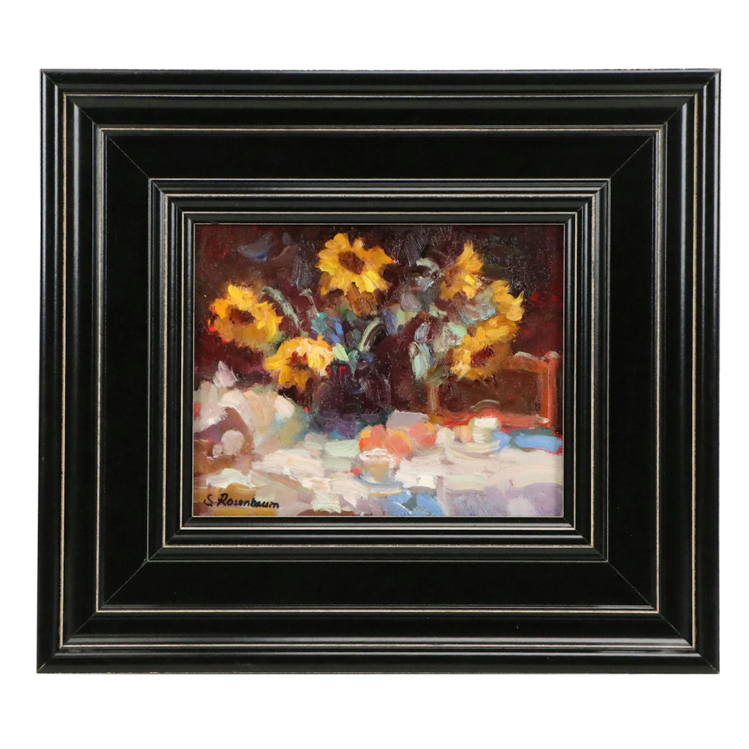 Sally Rosenbaum Impressionistic Oil Painting of Vase of Sunflowers, Circa 2026