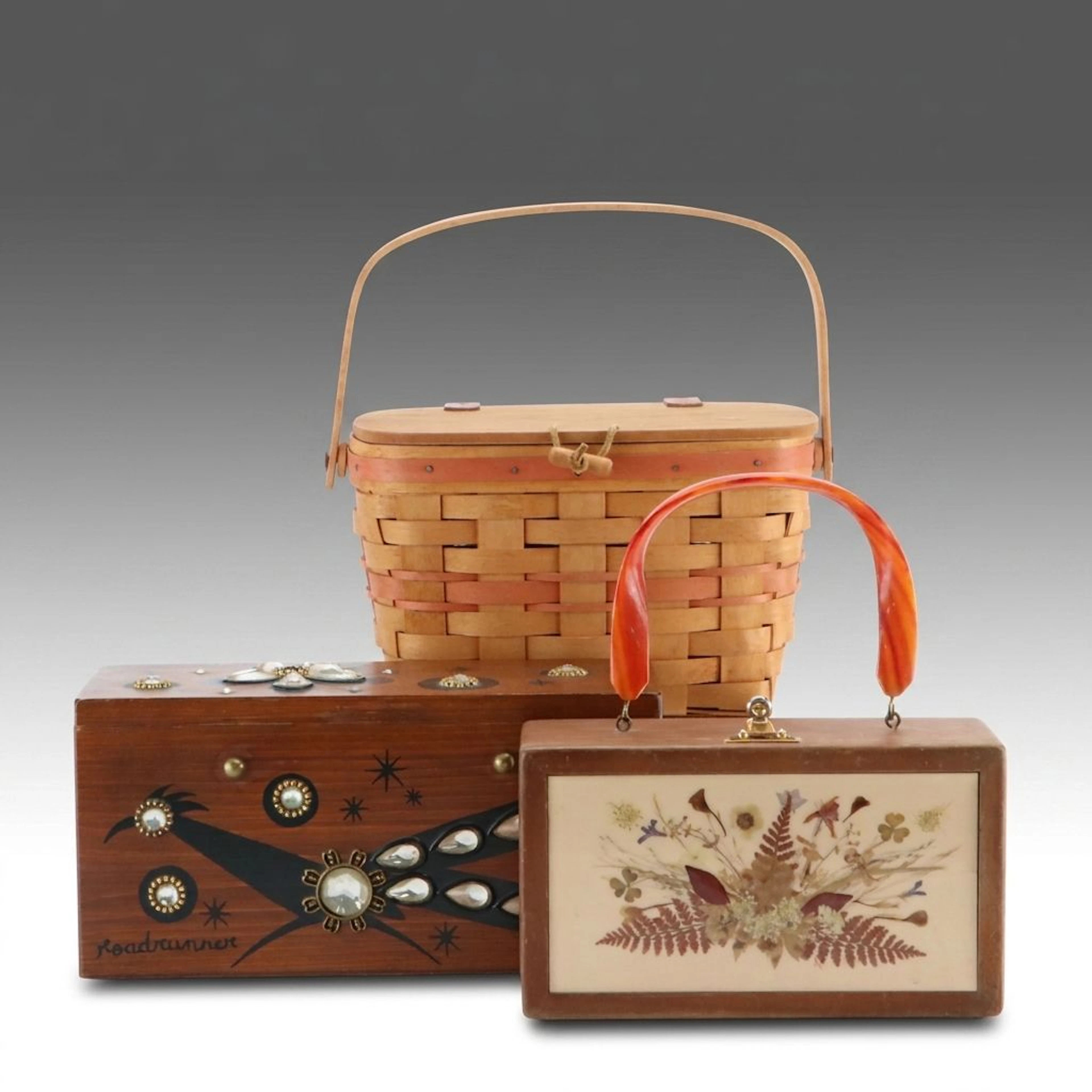 Longaberger Basket Bag with Enid Collins and BK Designs Wooden Box Purses