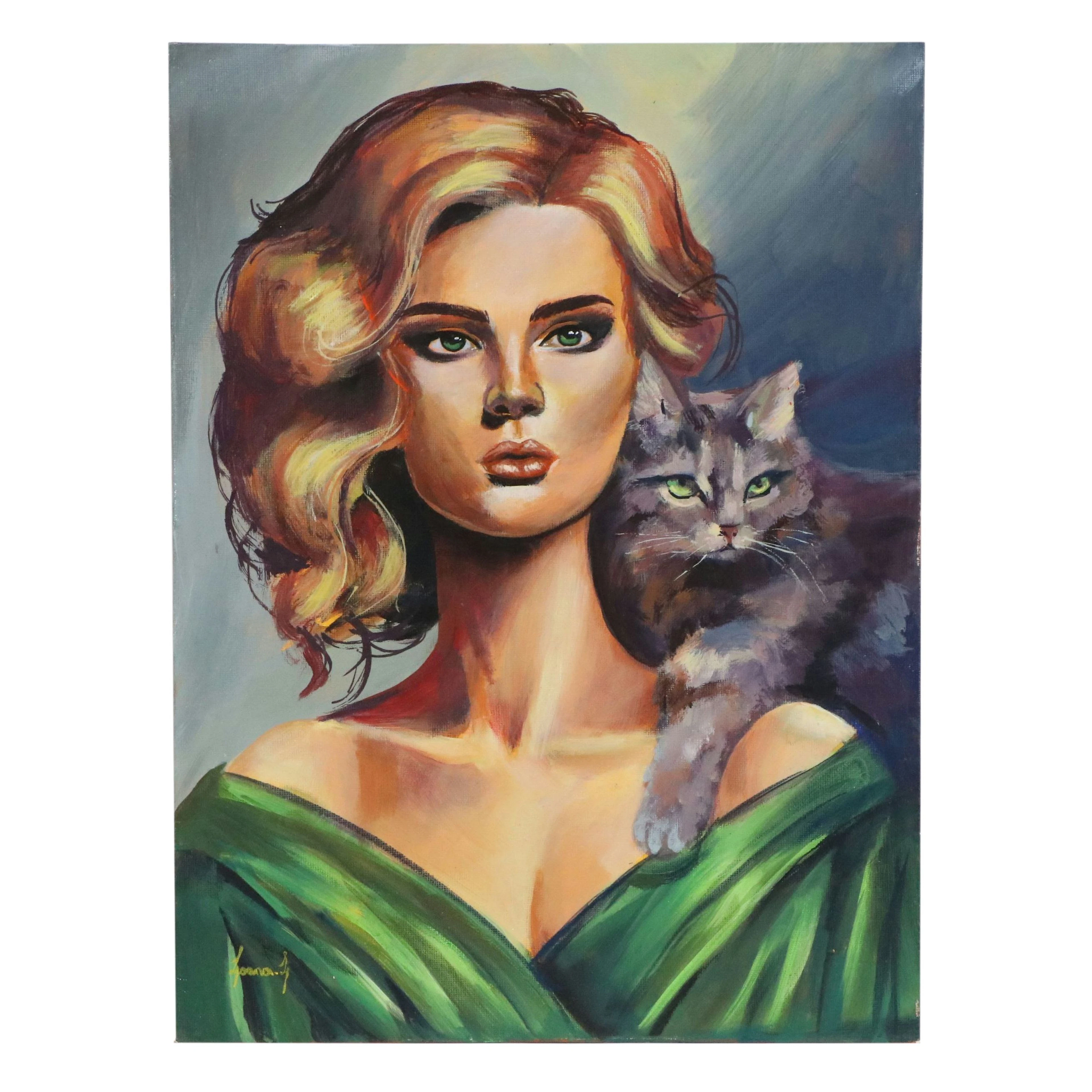 Loana Lopez Acrylic Portrait of Woman with Cat, 21st Century