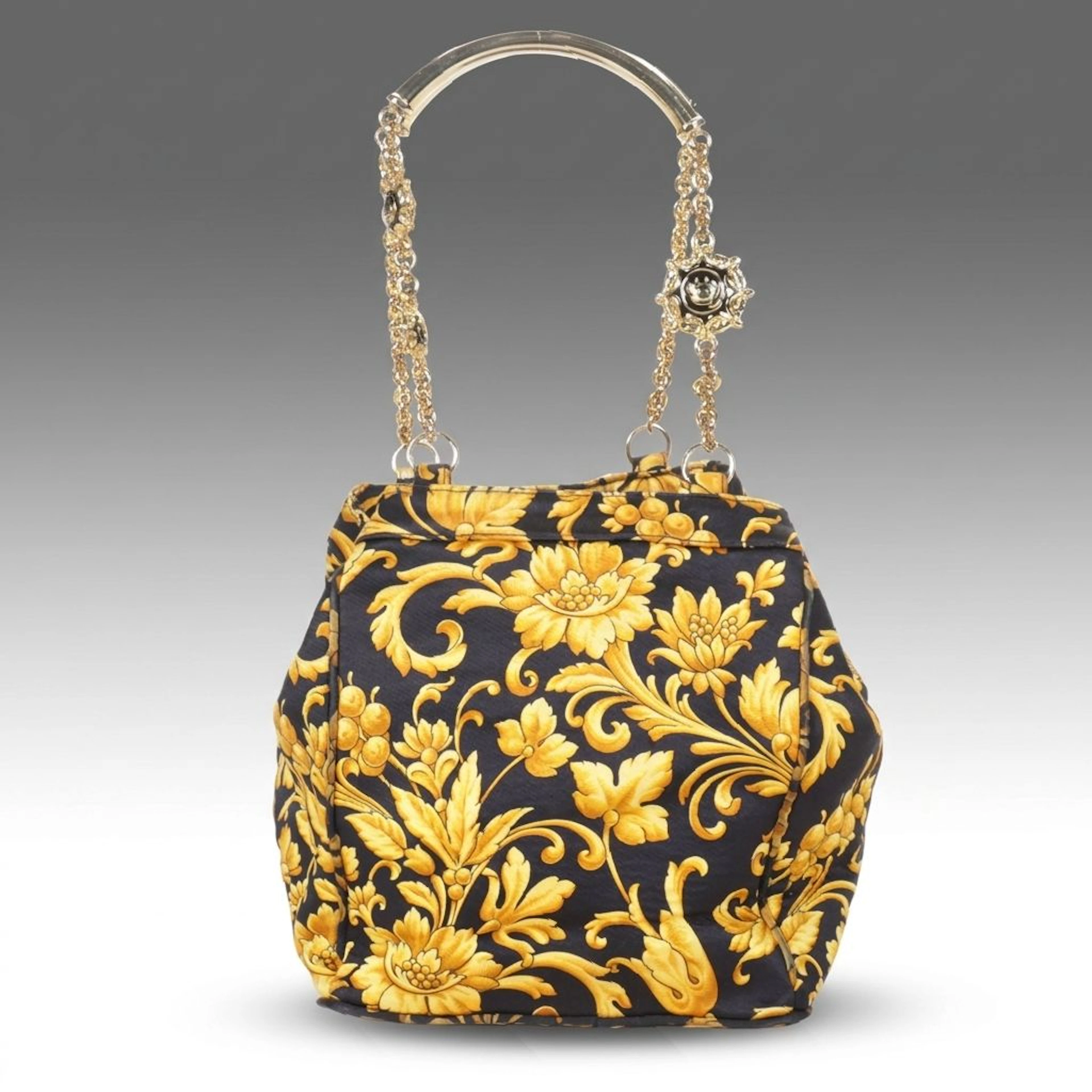 Gianni Versace Couture Floral Baroque Bucket Bag in Black/Yellow Satin, Vintage