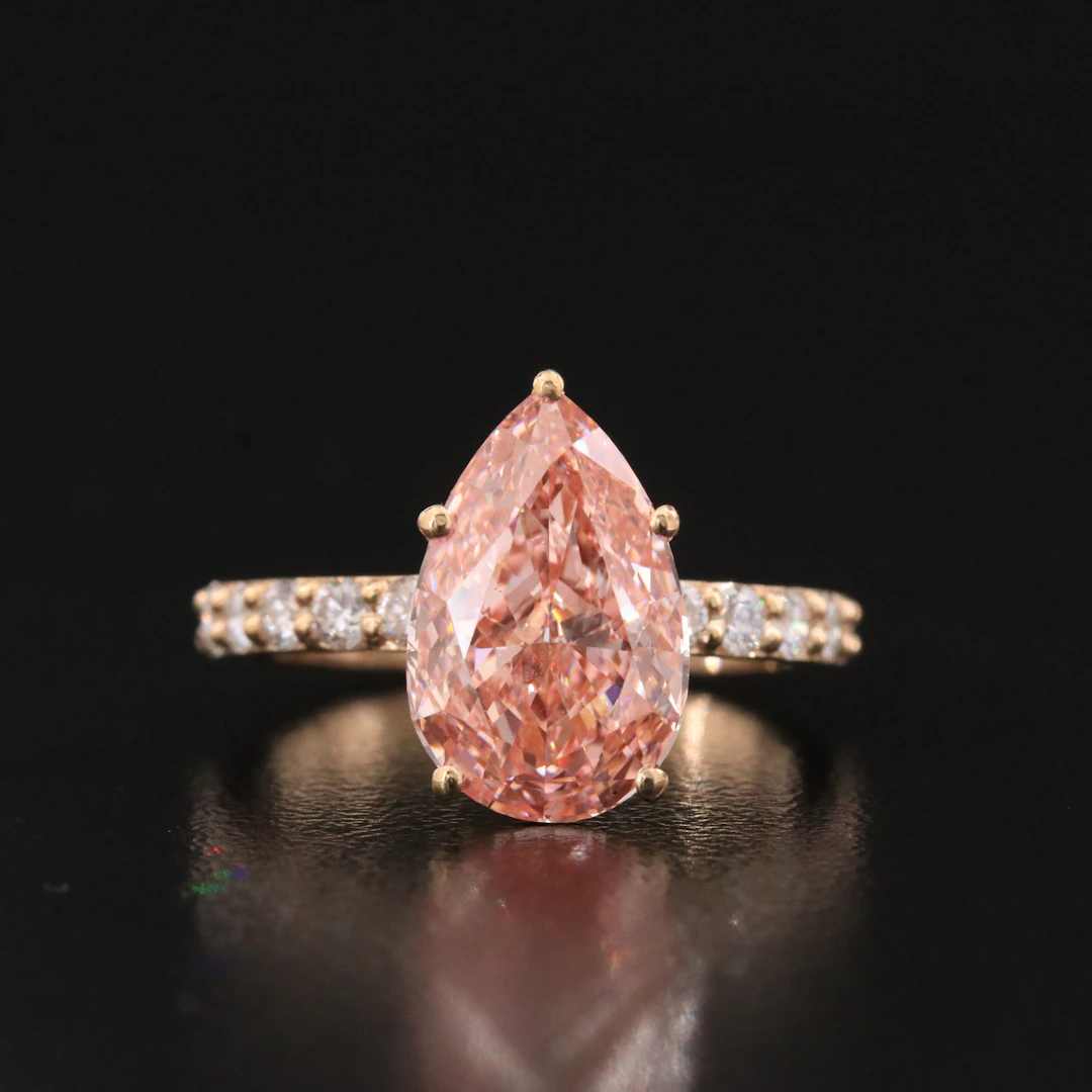 14K 4.69 CT Lab Grown Diamond Ring with Fancy Vivid Pink Center and IGI Report