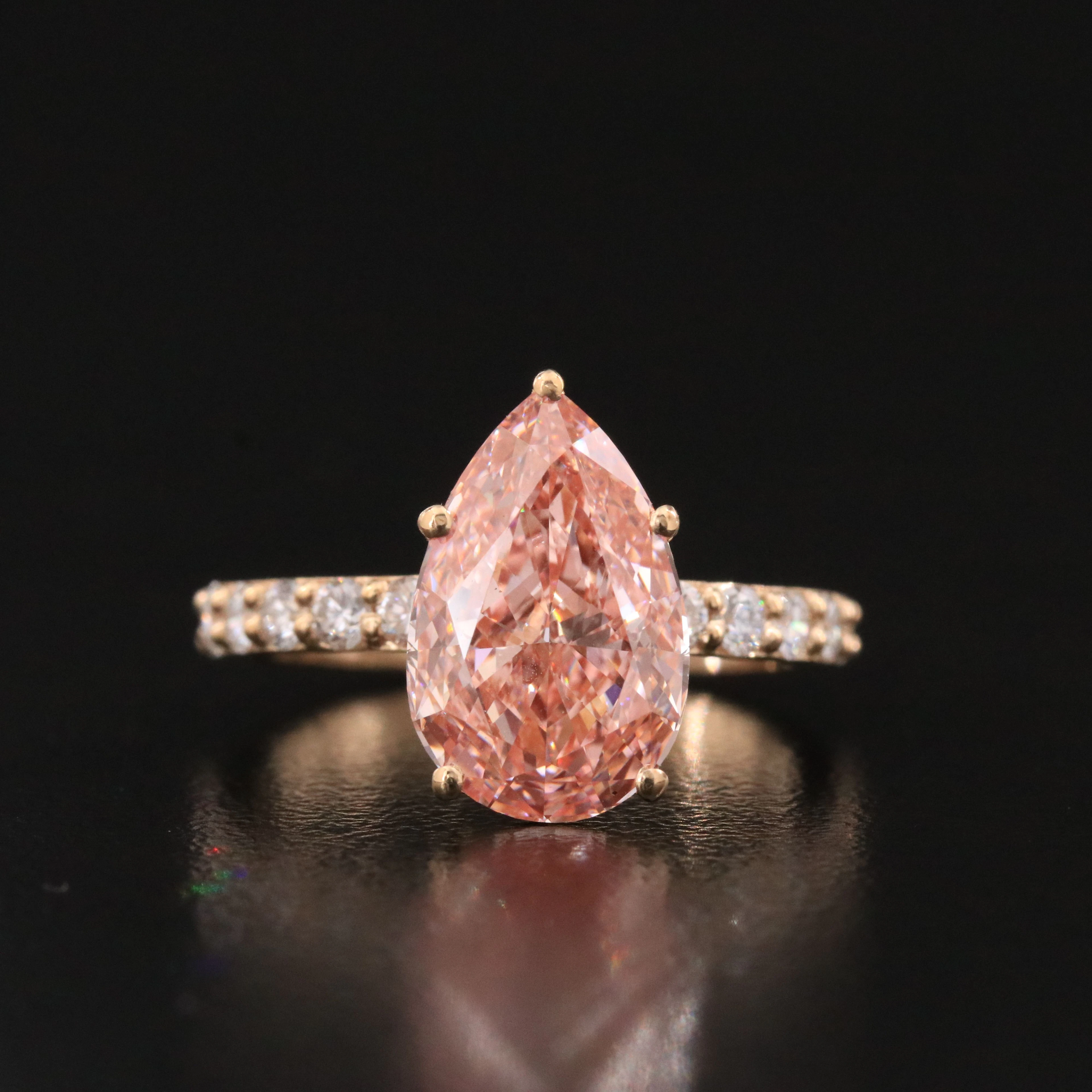 14K 4.69 CT Lab Grown Diamond Ring with Fancy Vivid Pink Center and IGI Report