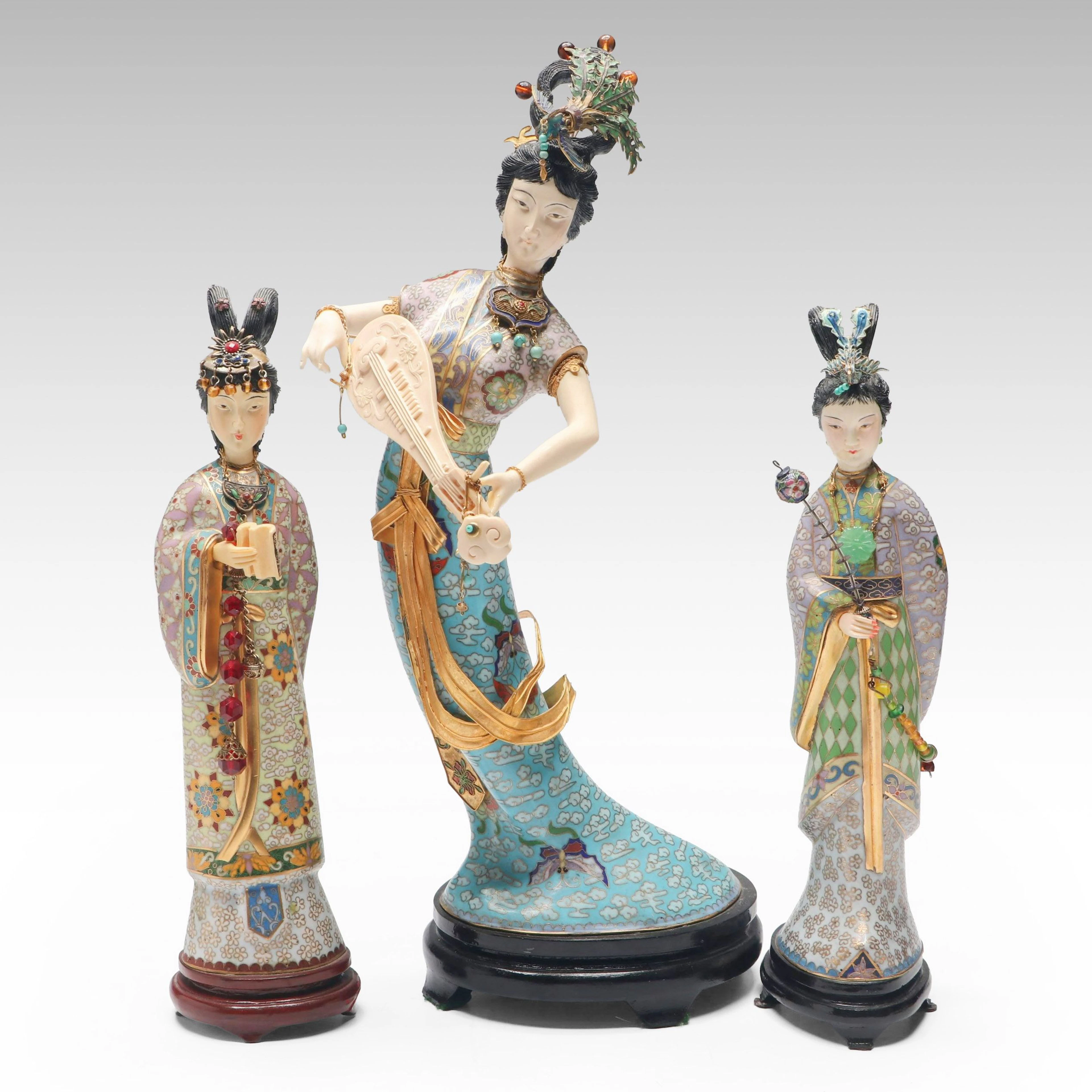 Chinese Cloisonné, Gemstone and Enamel Courtesans, 20th Century