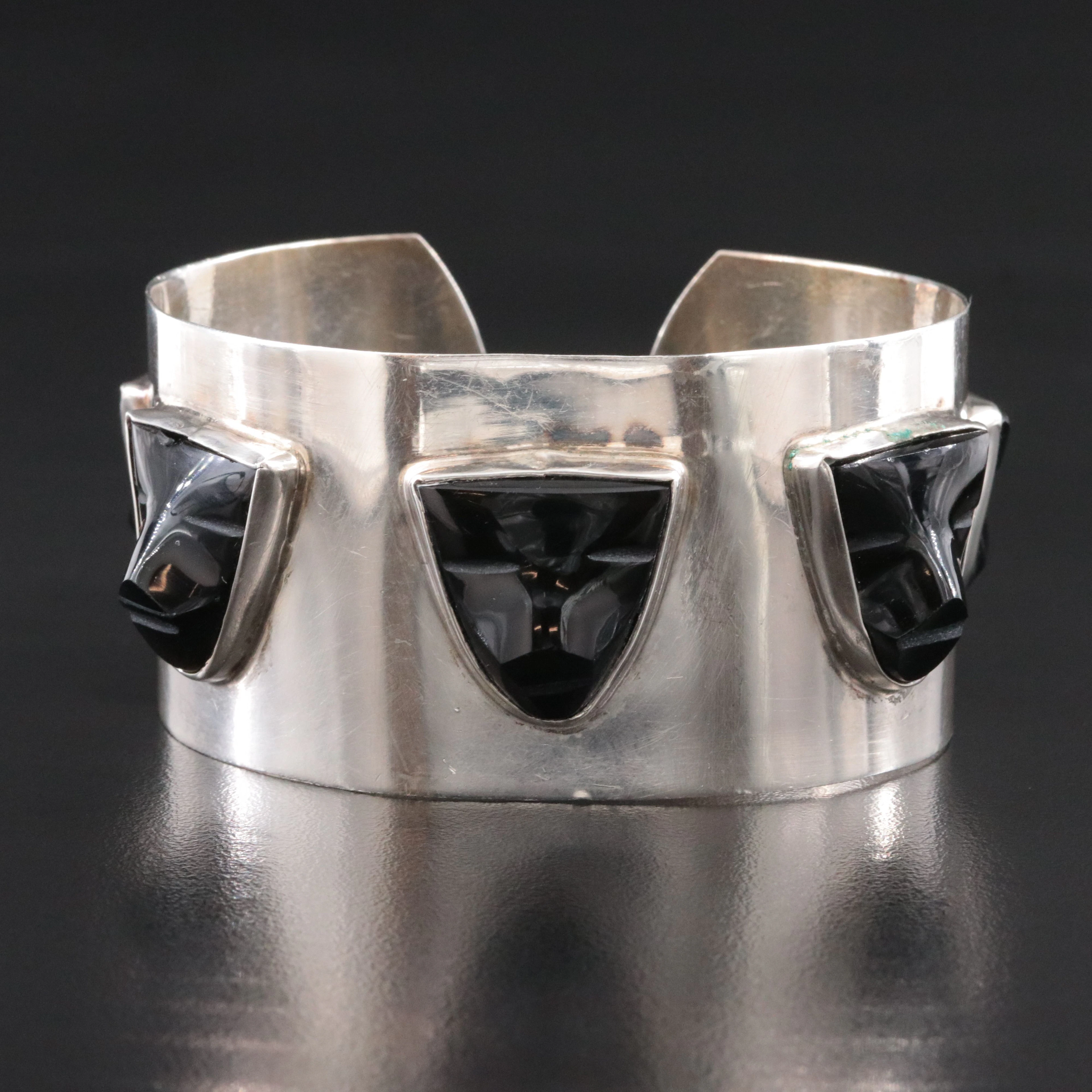 Mexican Sterling Carved Obsidian Figural Cuff Bracelet