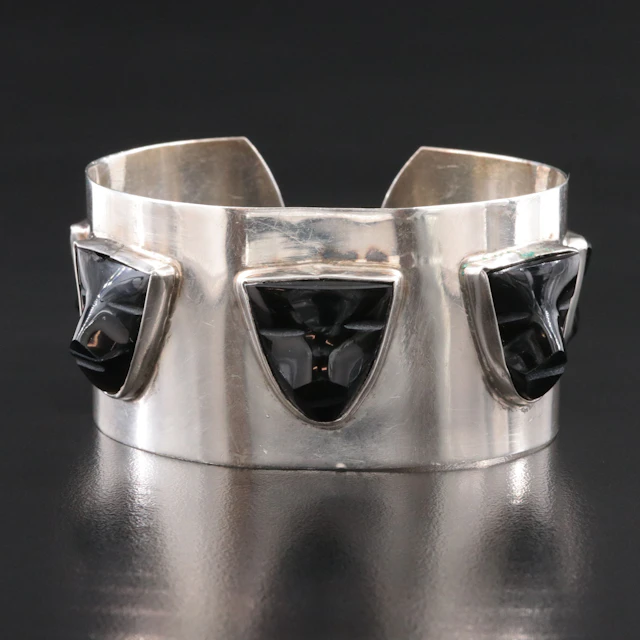 Mexican Sterling Carved Obsidian Figural Cuff Bracelet