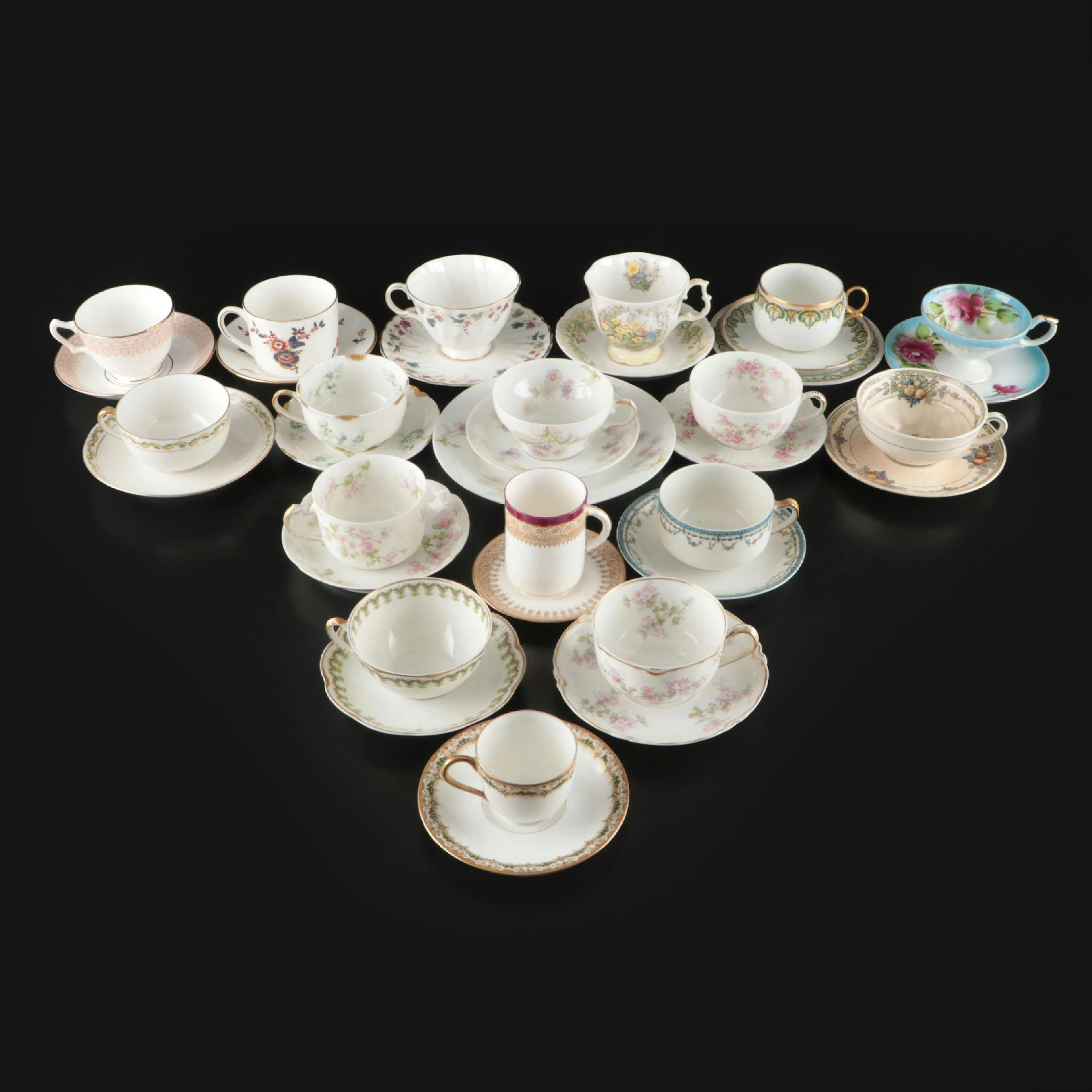 Collection of Haviland Porcelain Tea Cups and Saucers with Other Bone China