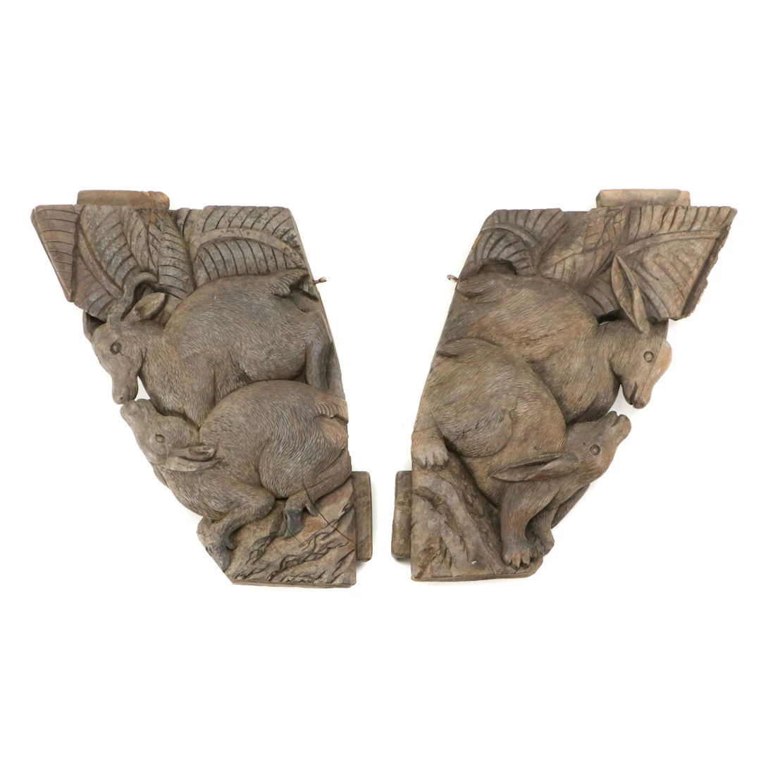 Qing Dynasty Style Carved Wood Temple Corbels with Rabbits and Oxen