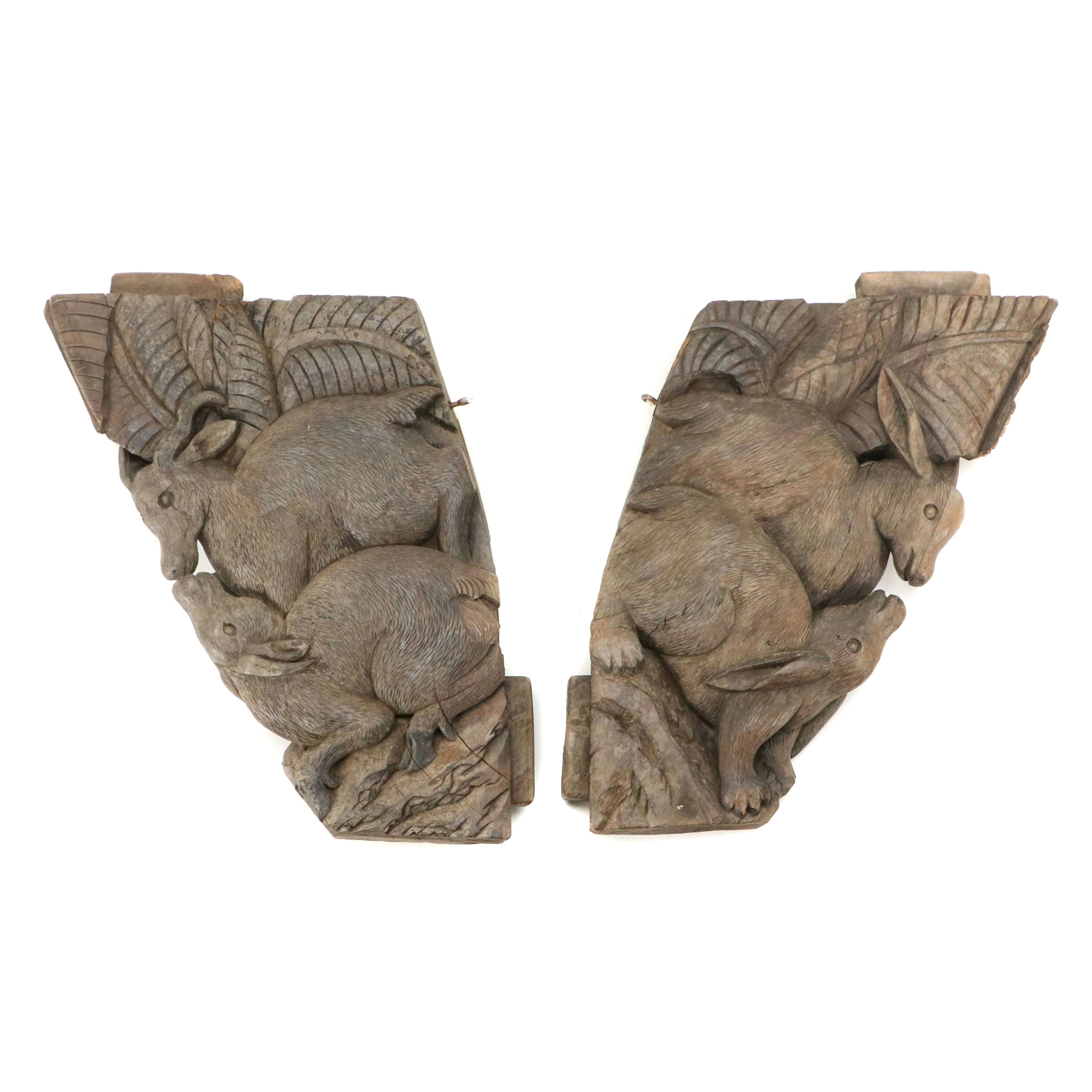 Qing Dynasty Style Carved Wood Temple Corbels with Rabbits and Oxen