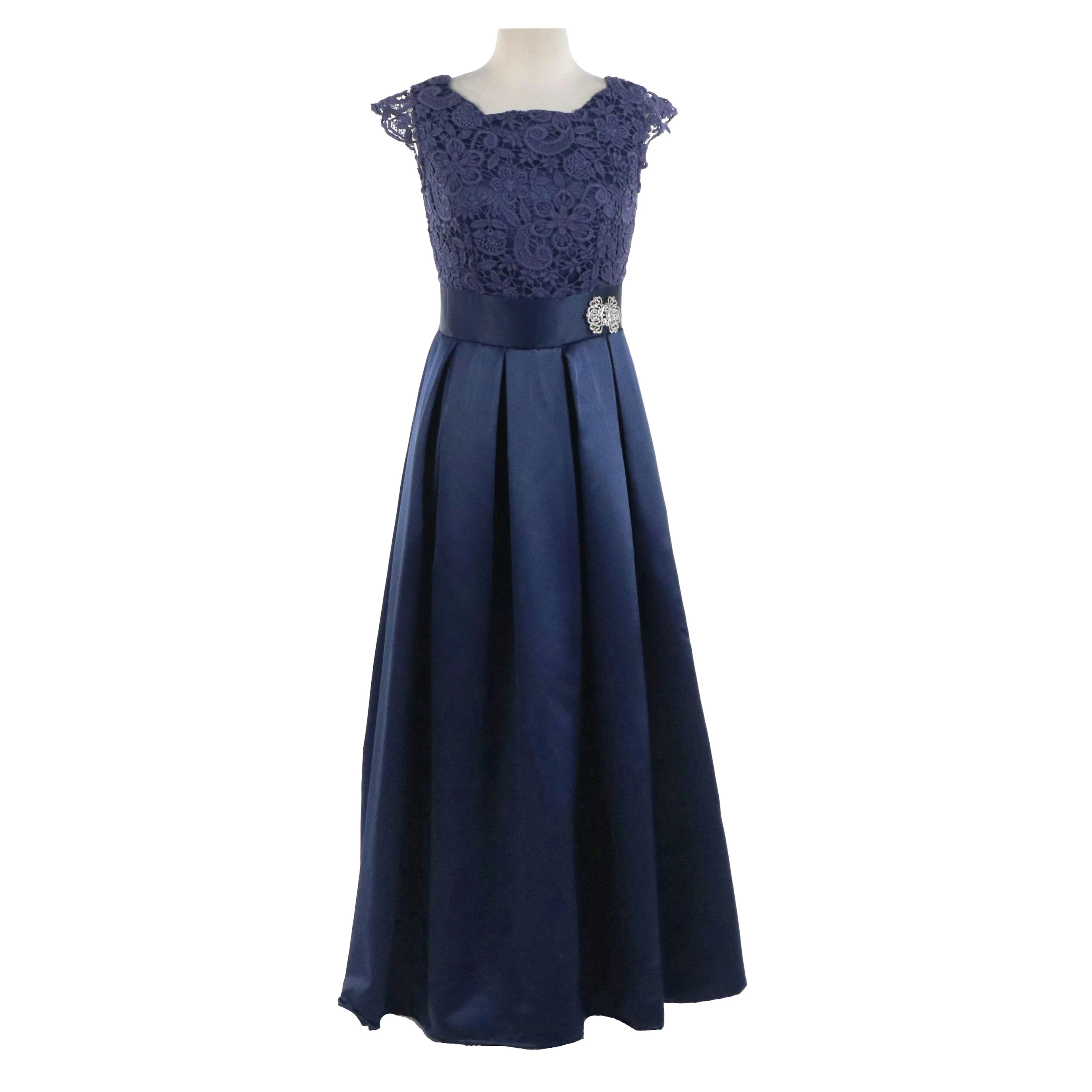 Lace Bodice Pleated Satin Evening Dress with Rhinestone Brooch