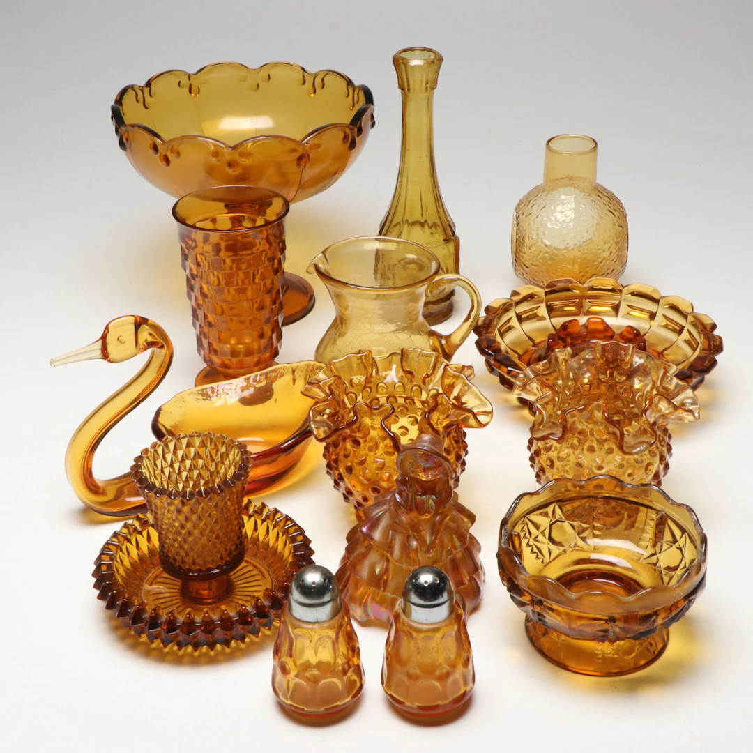 Fenton "Hobnail" Crimped Vases with More Amber Glassware, Early to Mid-20th C.