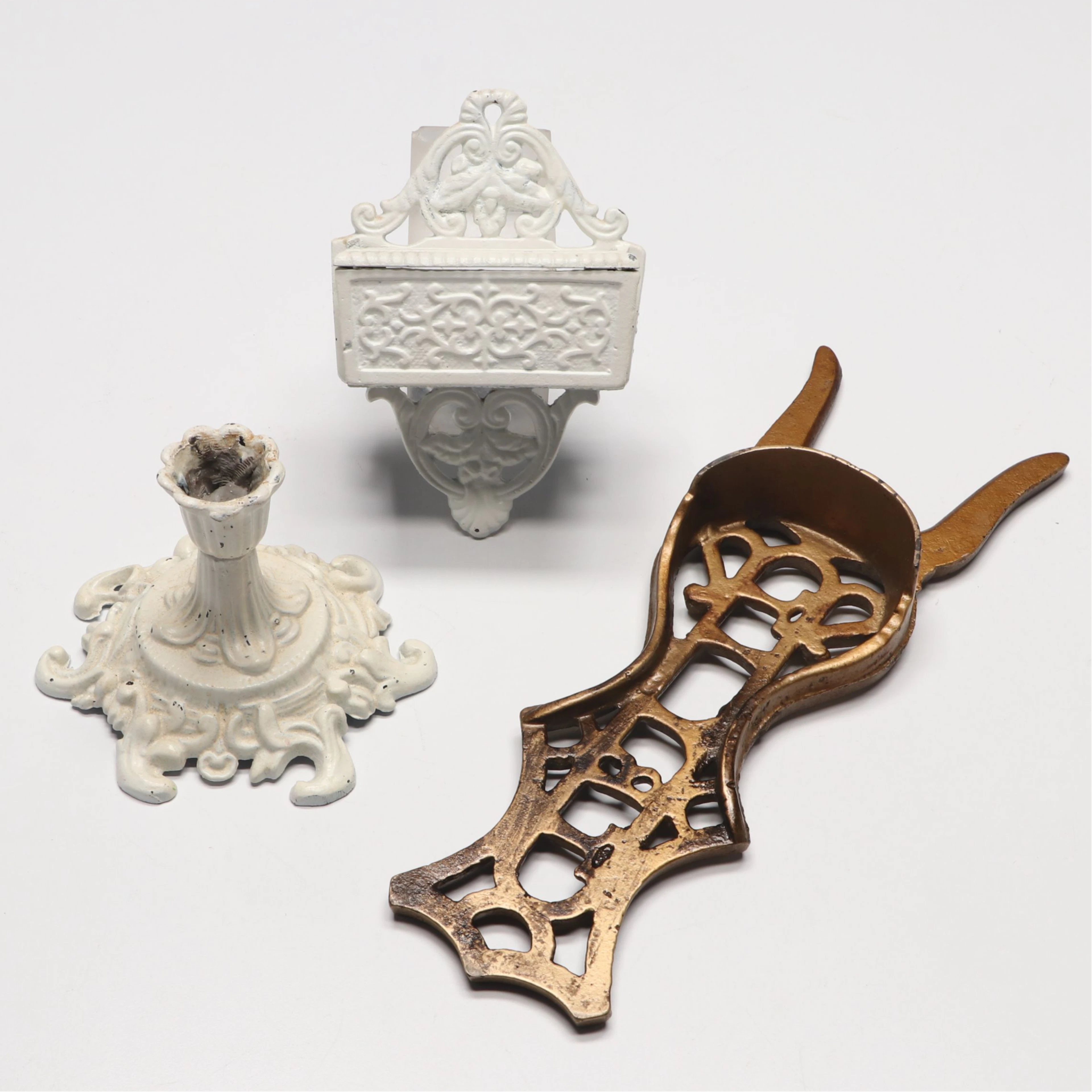 Wilton Cast Iron Match Holder with Ornate Boot Jack and Candlestick