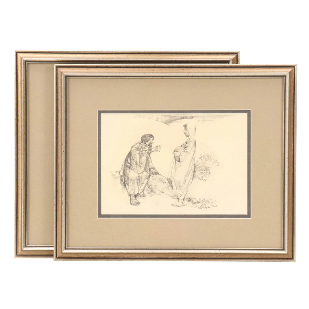 Willem van den Berg Biblical Pencil Drawings Including "Jesus at the Well"