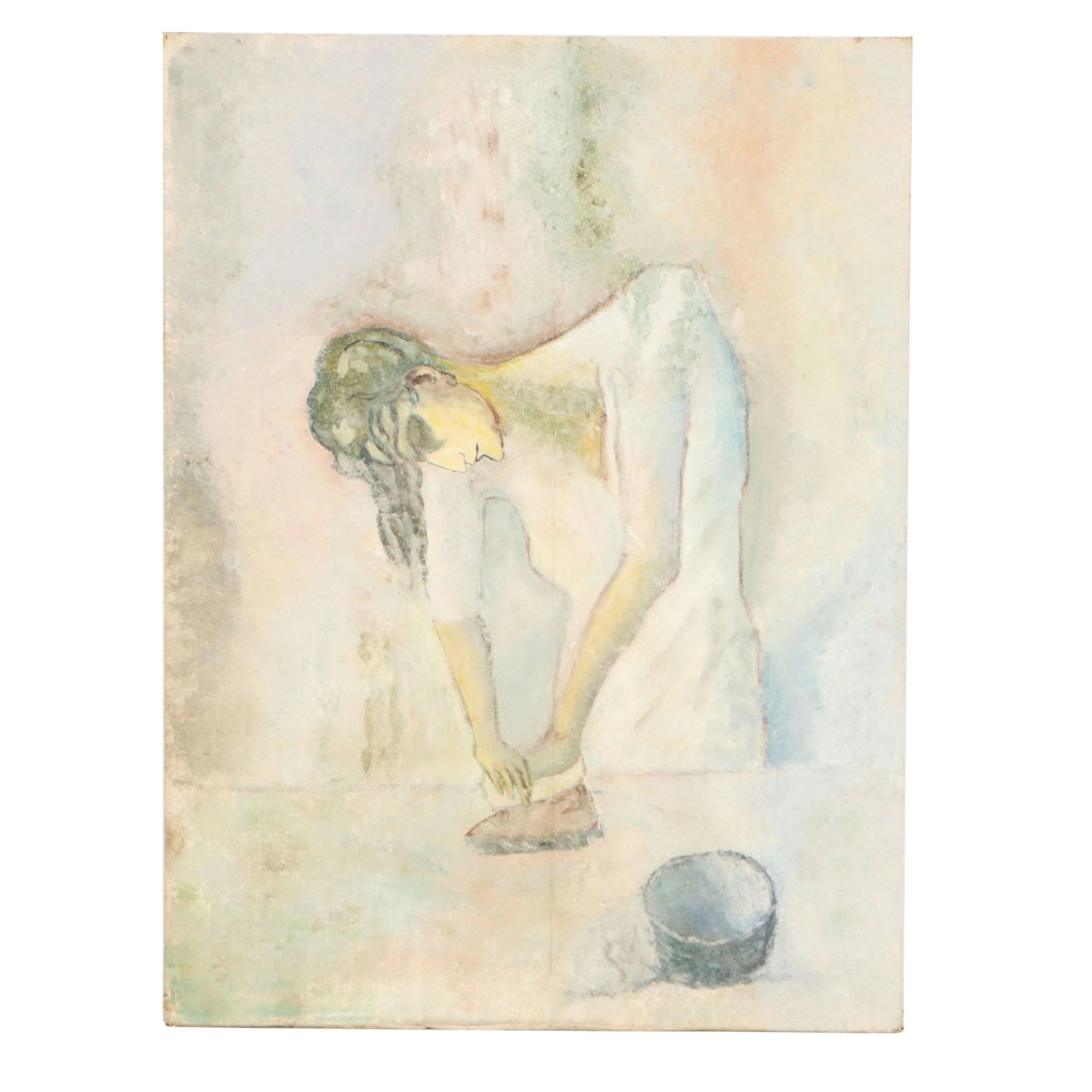 After Pablo Picasso Oil Portrait "Woman Ironing," Late 20th Century