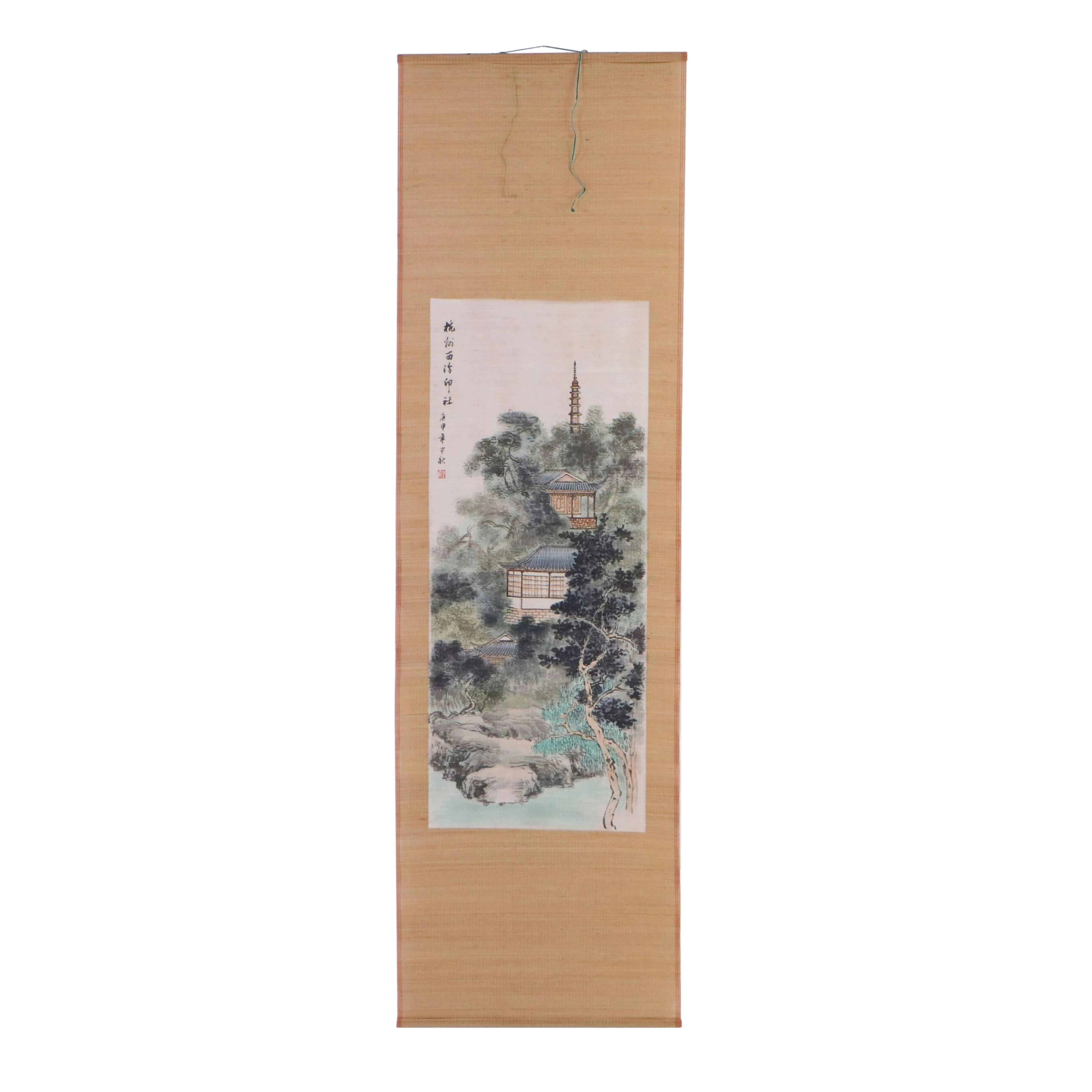 East Asian School Landscape Painting of Waterside Temple