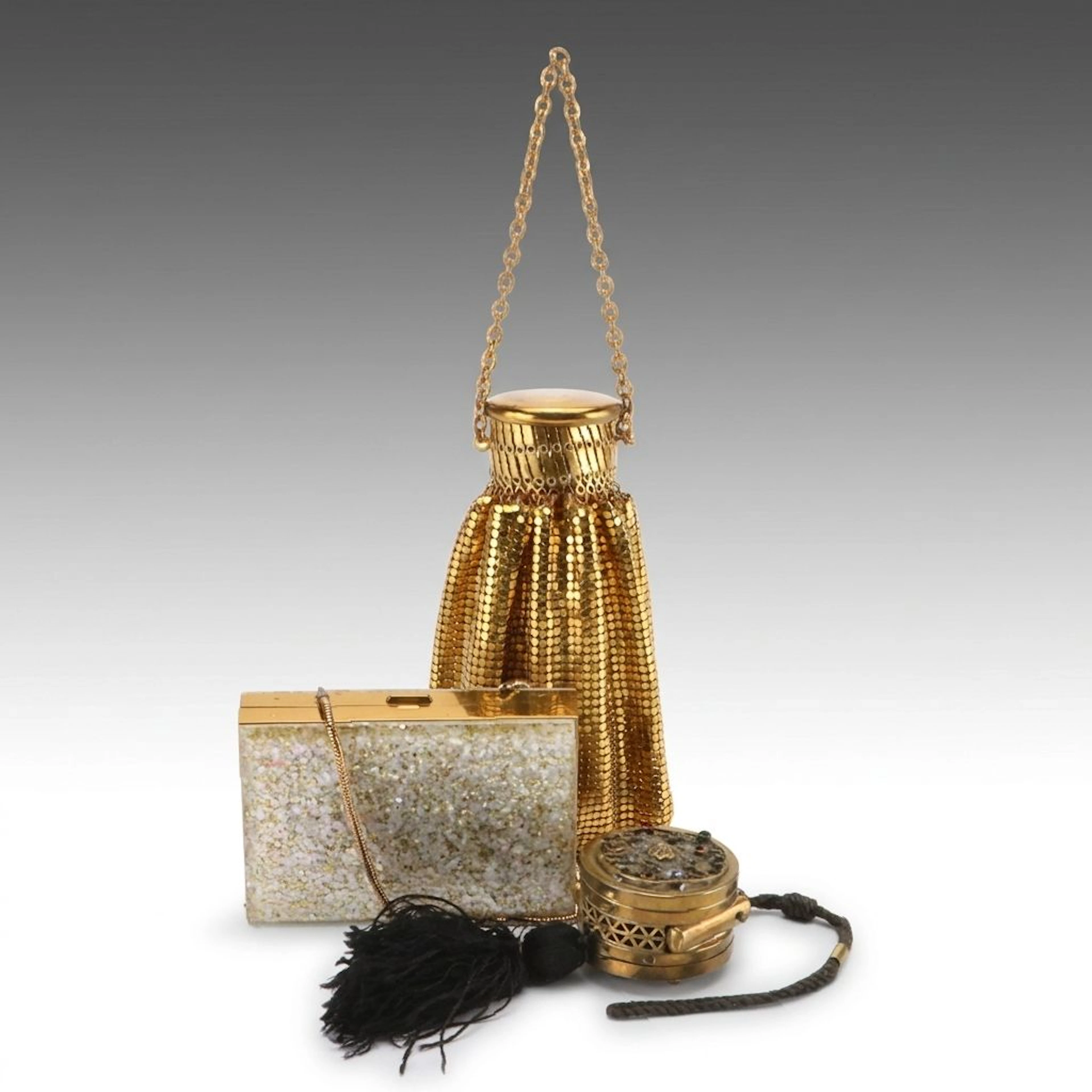 Whiting & Davis Mesh Gate Top Purse, Other Brass and Glitter Resin Minaudières