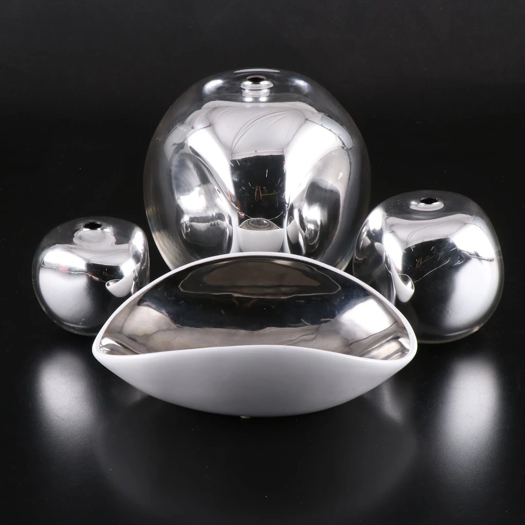Danghyra Contemporary Chromed Porcelain Bowl and Murano Glass Bud Vases
