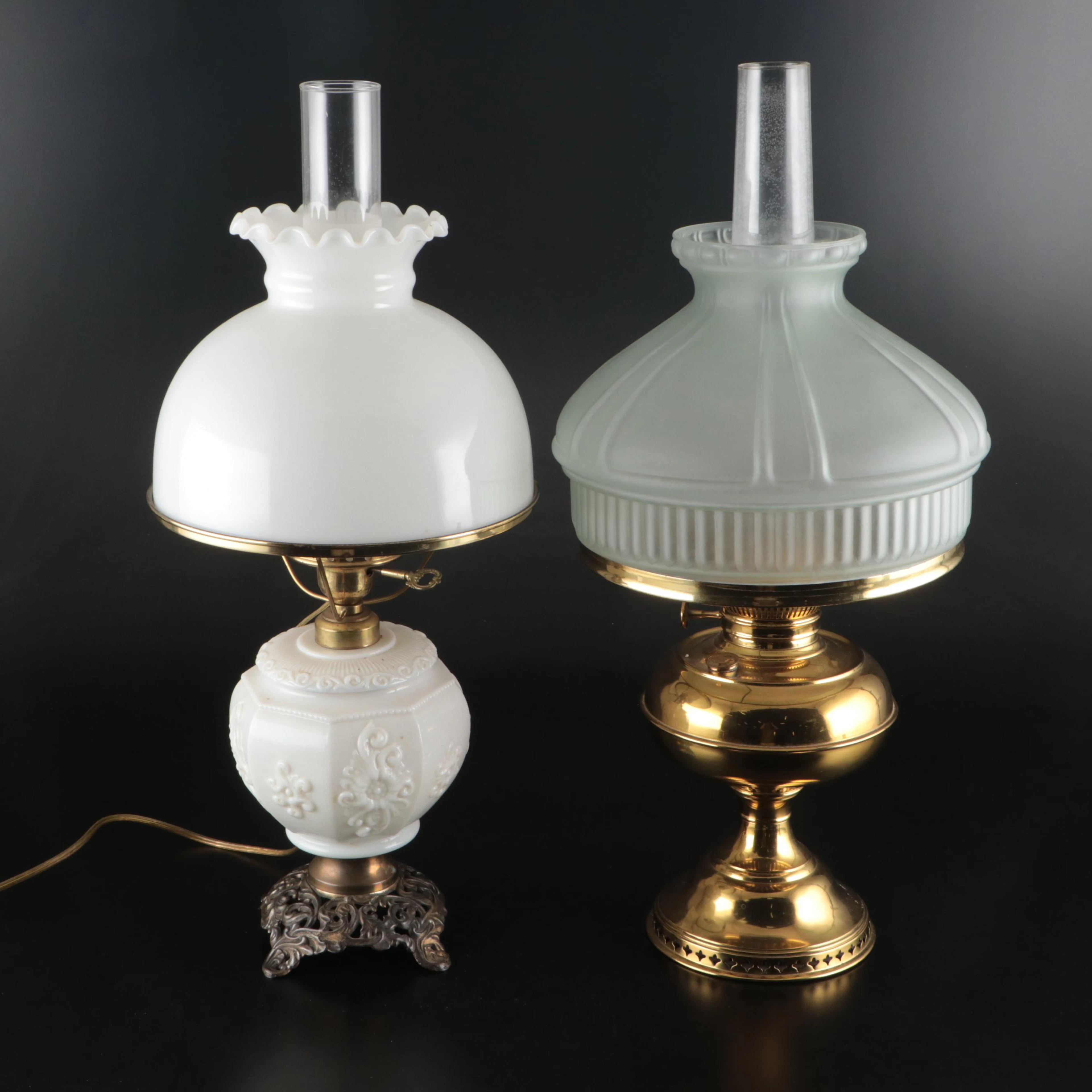 Rayo Brass and Satin Glass Parlor Oil Lamp, and Milk Glass Pressed Body Lamp