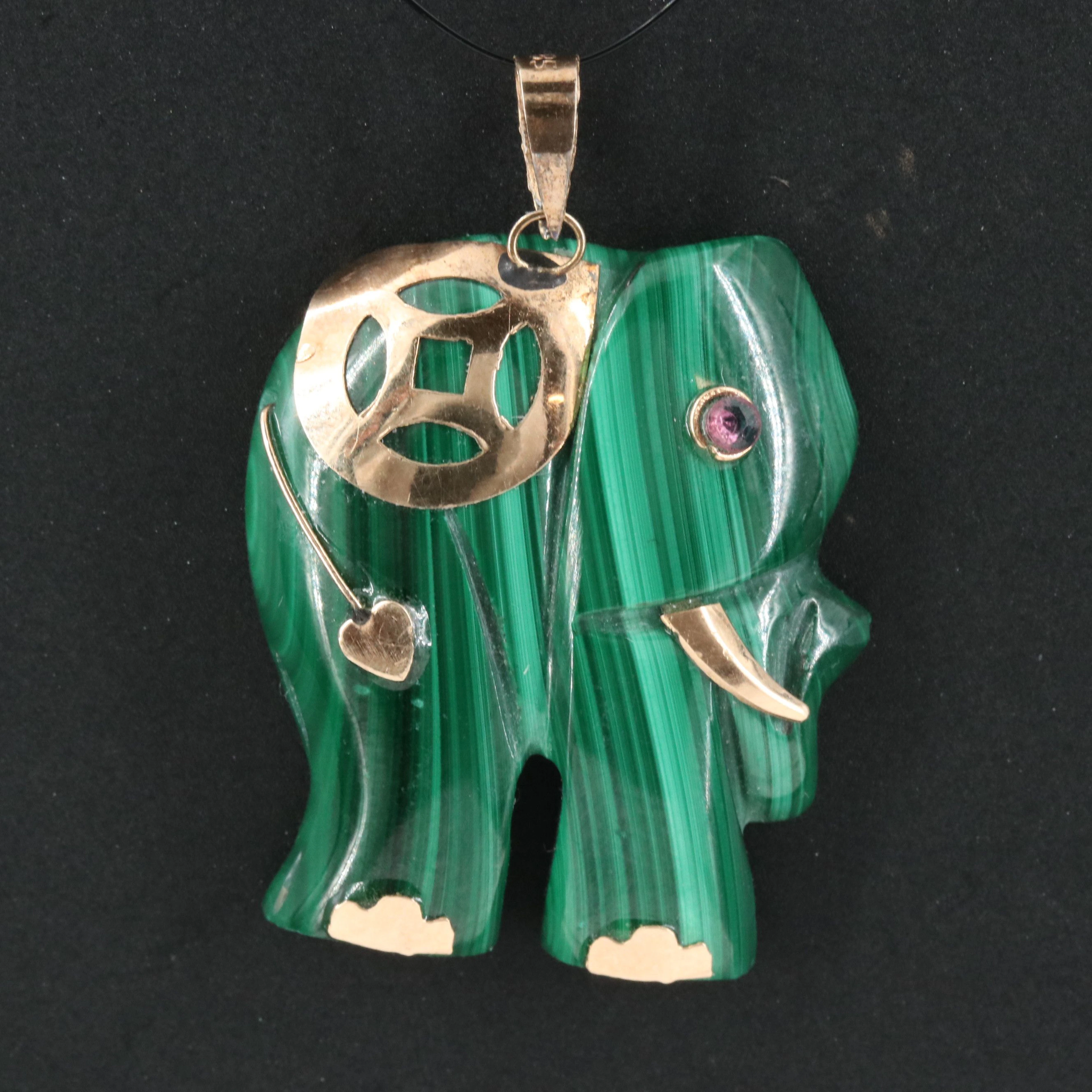 14K Carved Malachite and Ruby Elephant Pendant